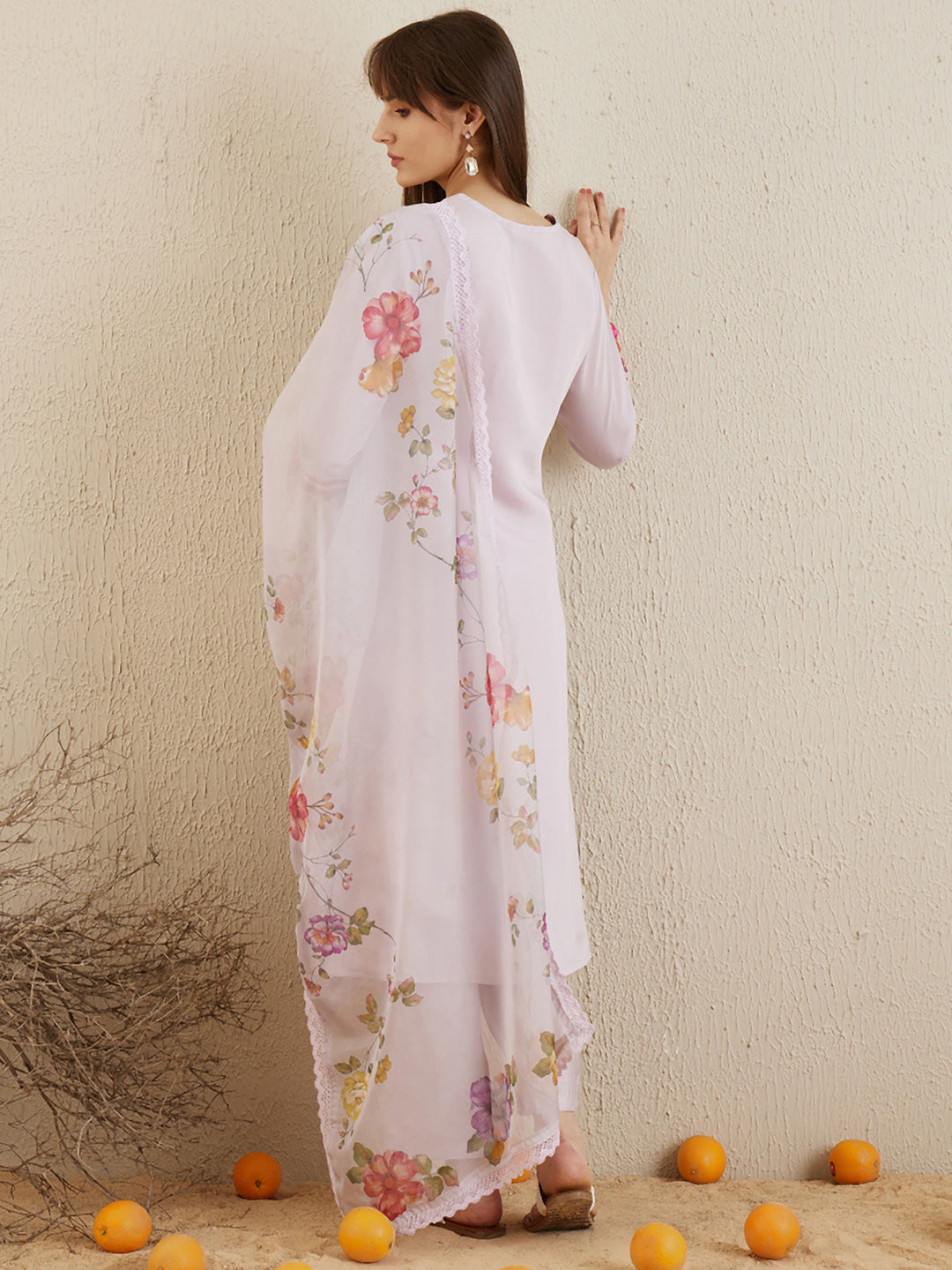 Indo Era Lavender Embroidered Straight Kurta Trousers With Dupatta set