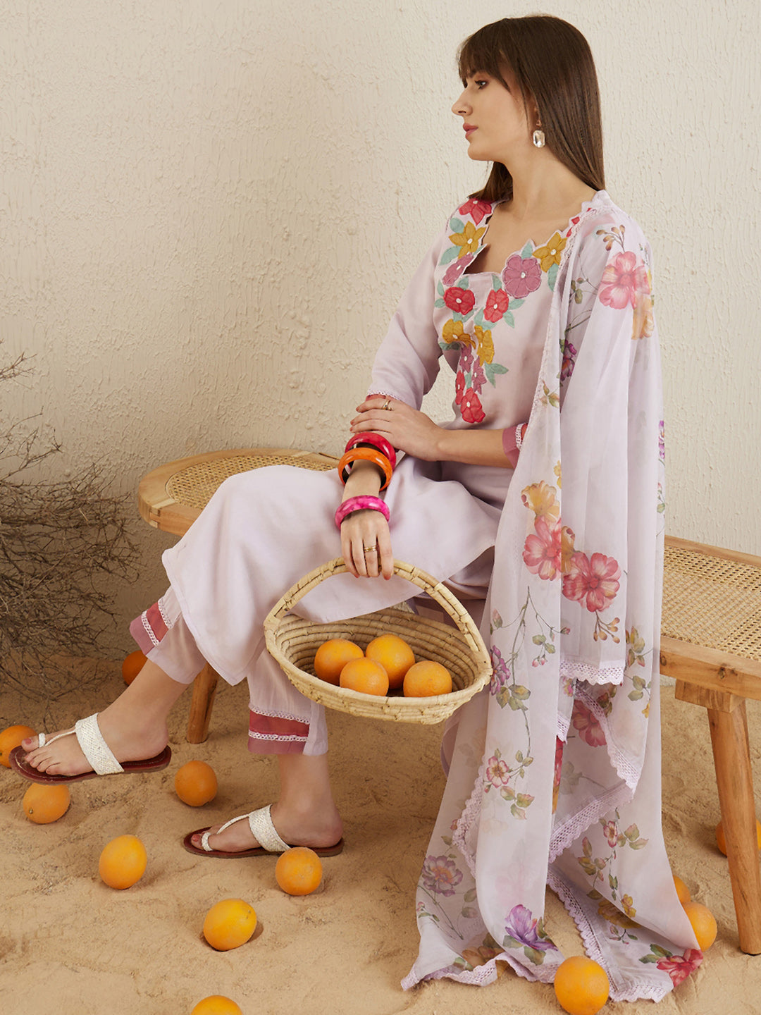 Indo Era Lavender Embroidered Straight Kurta Trousers With Dupatta set