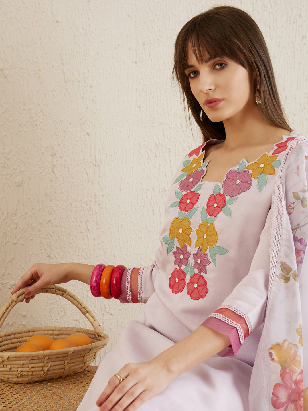 Indo Era Lavender Embroidered Straight Kurta Trousers With Dupatta set
