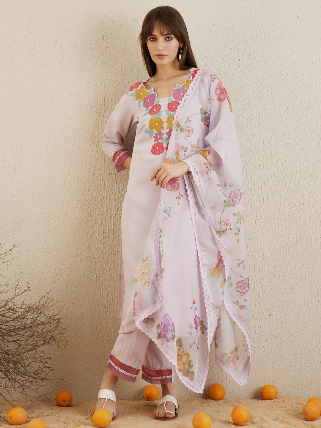 Indo Era Lavender Embroidered Straight Kurta Trousers With Dupatta set