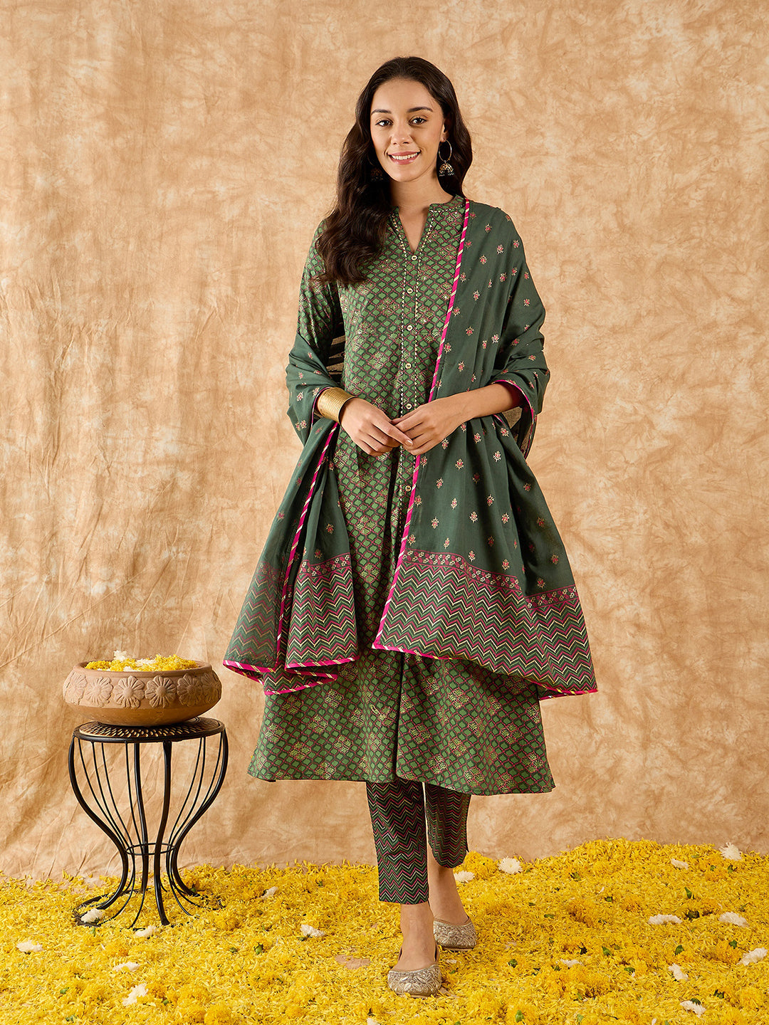 Indo Era Green Printed A-line Kurta Trouser With Dupatta Set