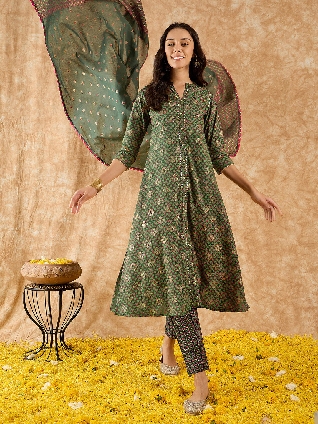 Indo Era Green Printed A-line Kurta Trouser With Dupatta Set