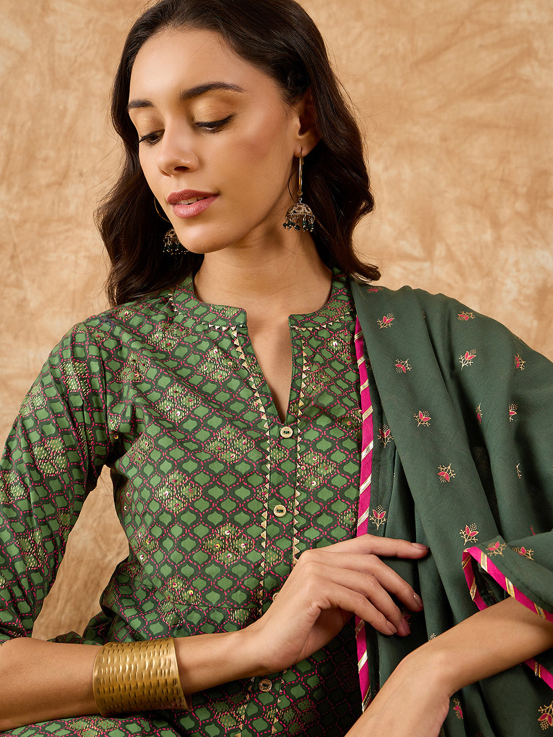 Indo Era Green Printed A-line Kurta Trouser With Dupatta Set