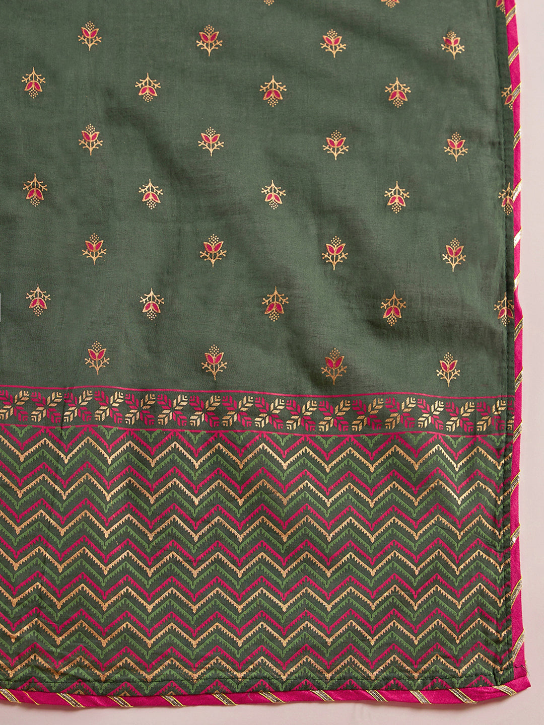 Indo Era Green Printed A-line Kurta Trouser With Dupatta Set