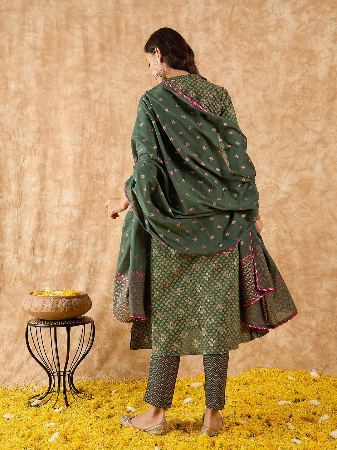 Indo Era Green Printed A-line Kurta Trouser With Dupatta Set