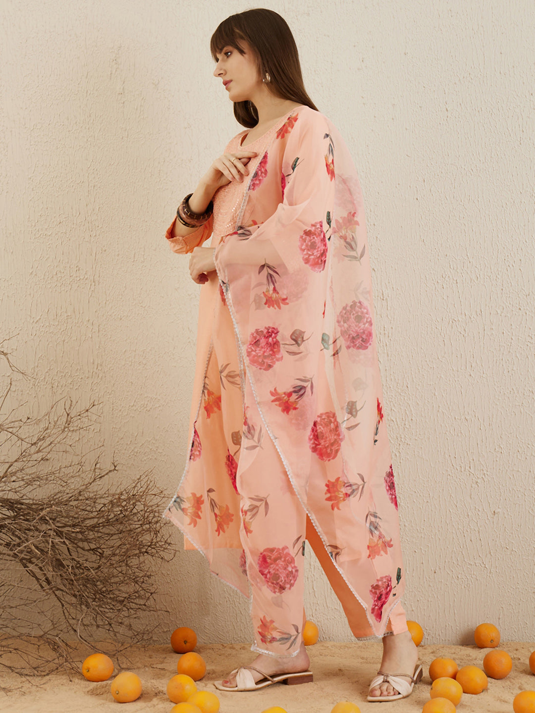 Indo Era Embroidered Orange Straight Kurta Trouser With Dupatta Set