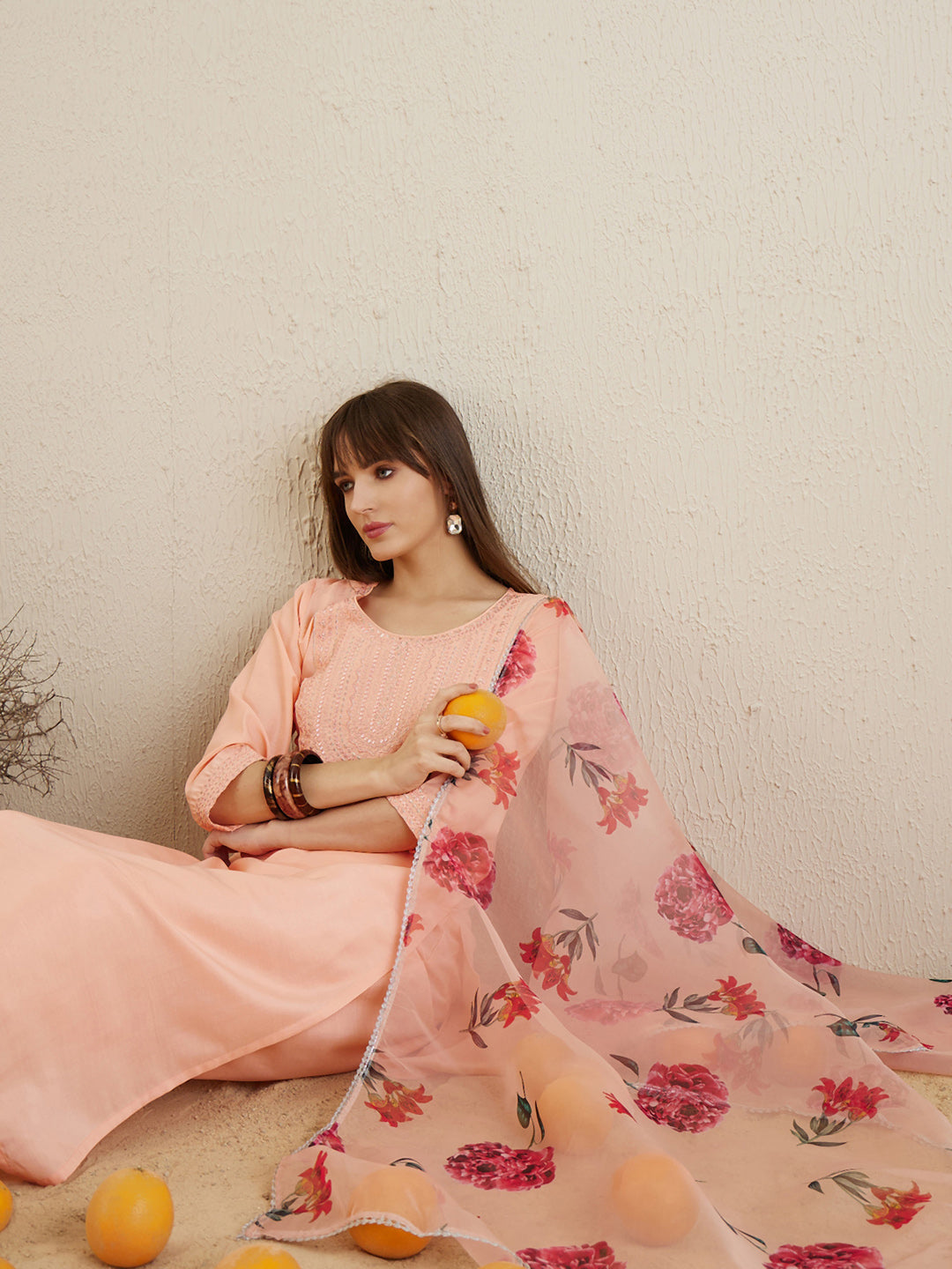 Indo Era Embroidered Orange Straight Kurta Trouser With Dupatta Set