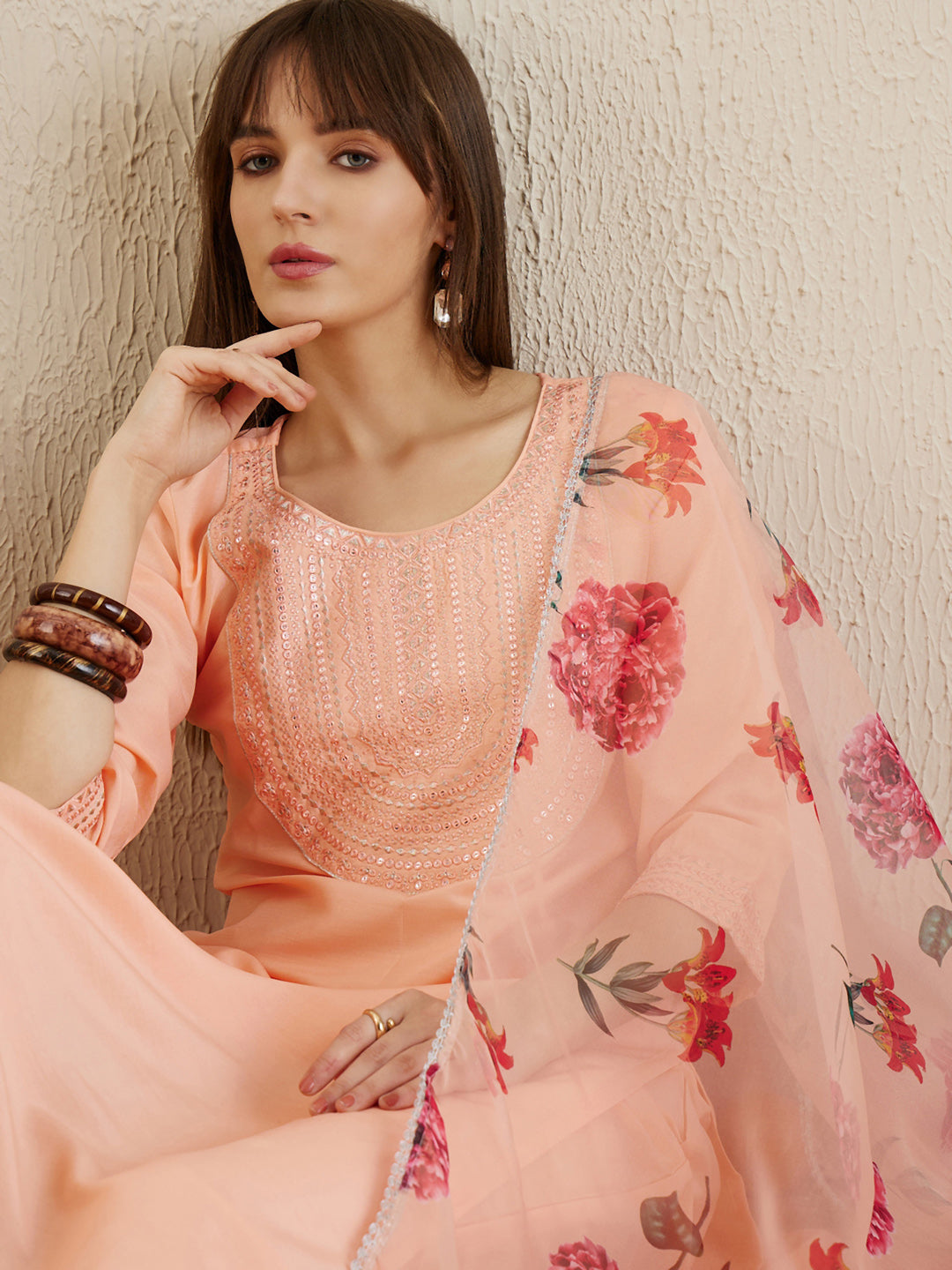 Indo Era Embroidered Orange Straight Kurta Trouser With Dupatta Set