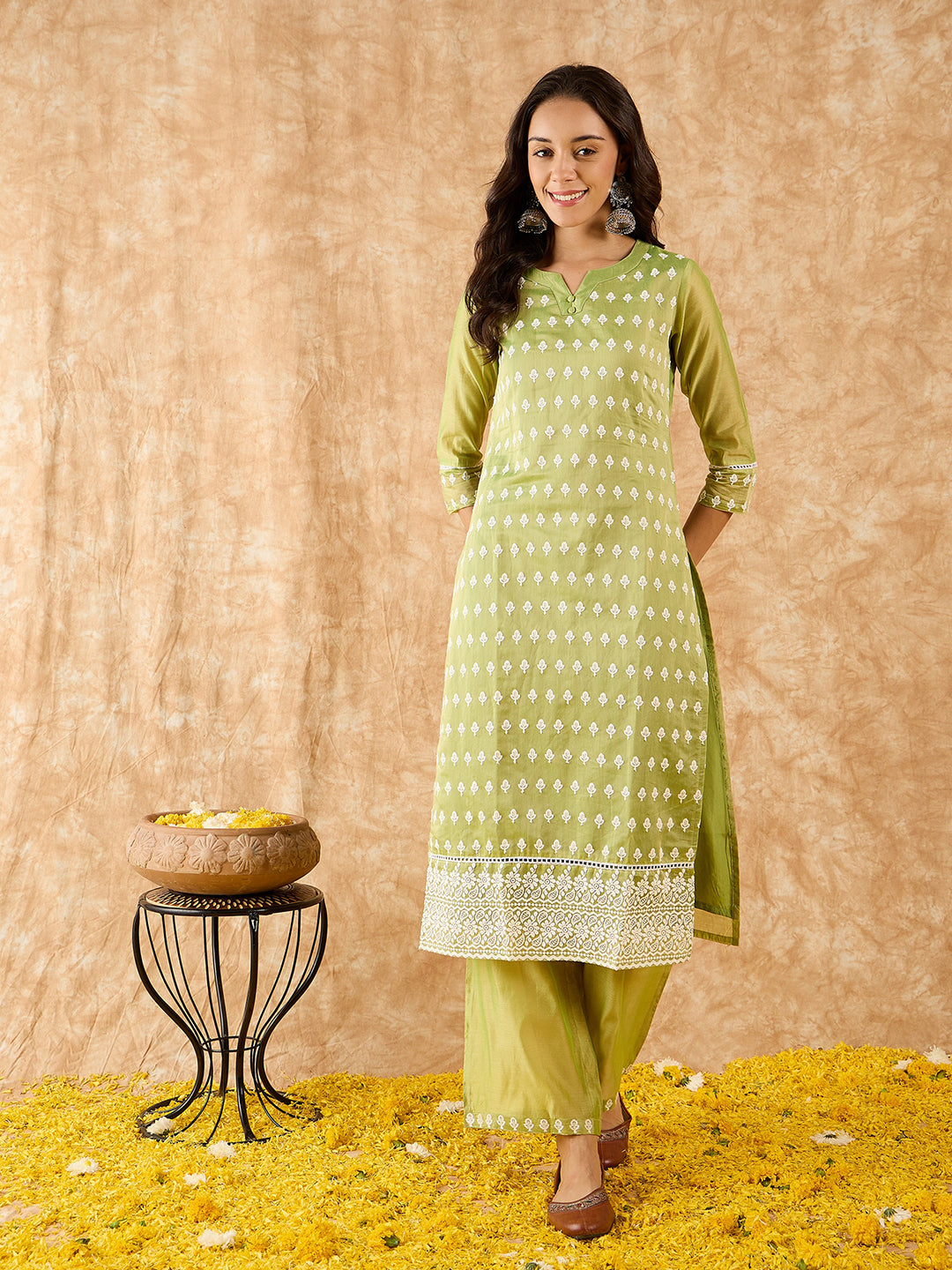 Indo Era Green Floral Embroidered Straight Kurta With Palazzo Set