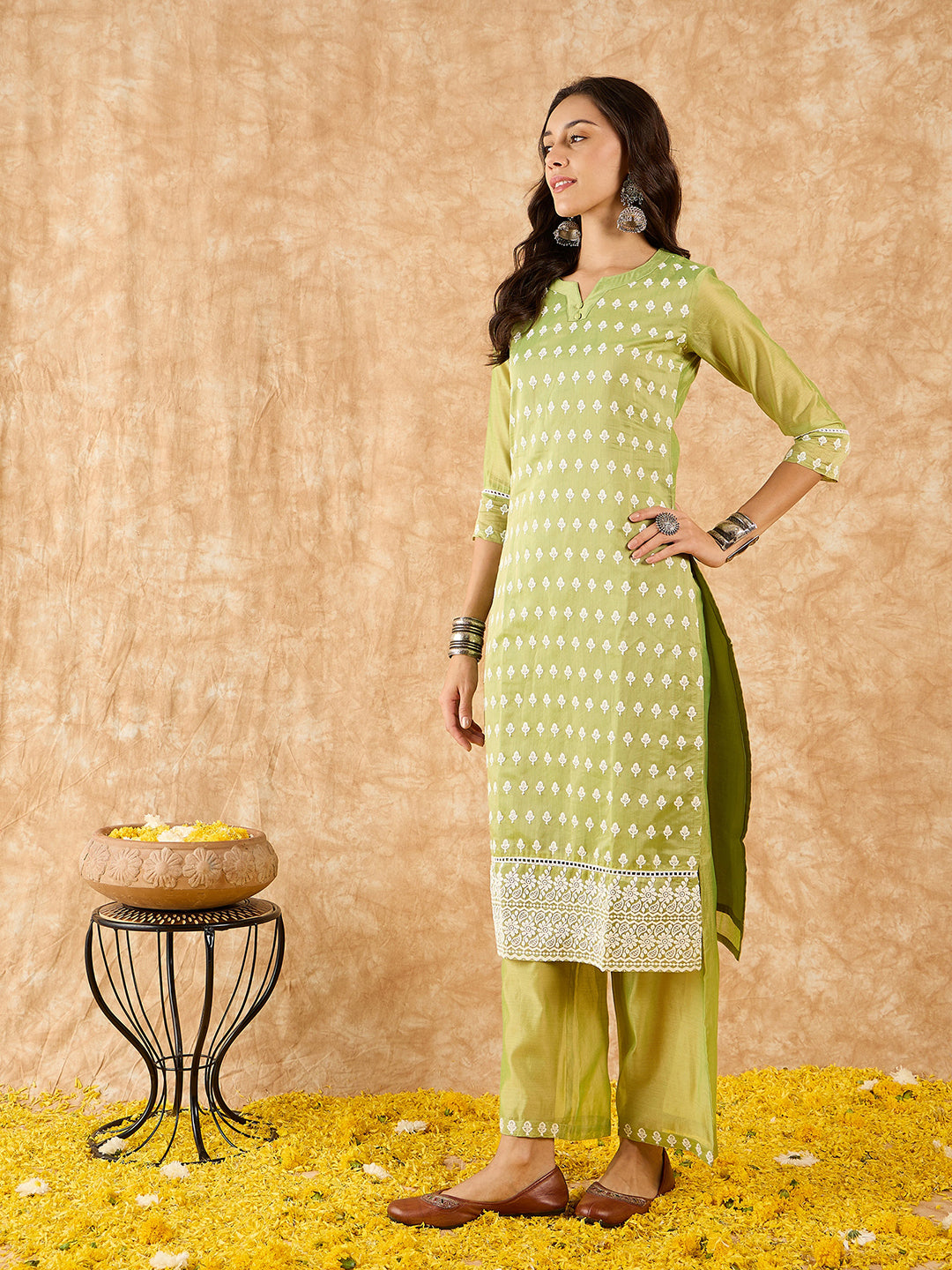 Indo Era Green Floral Embroidered Straight Kurta With Palazzo Set