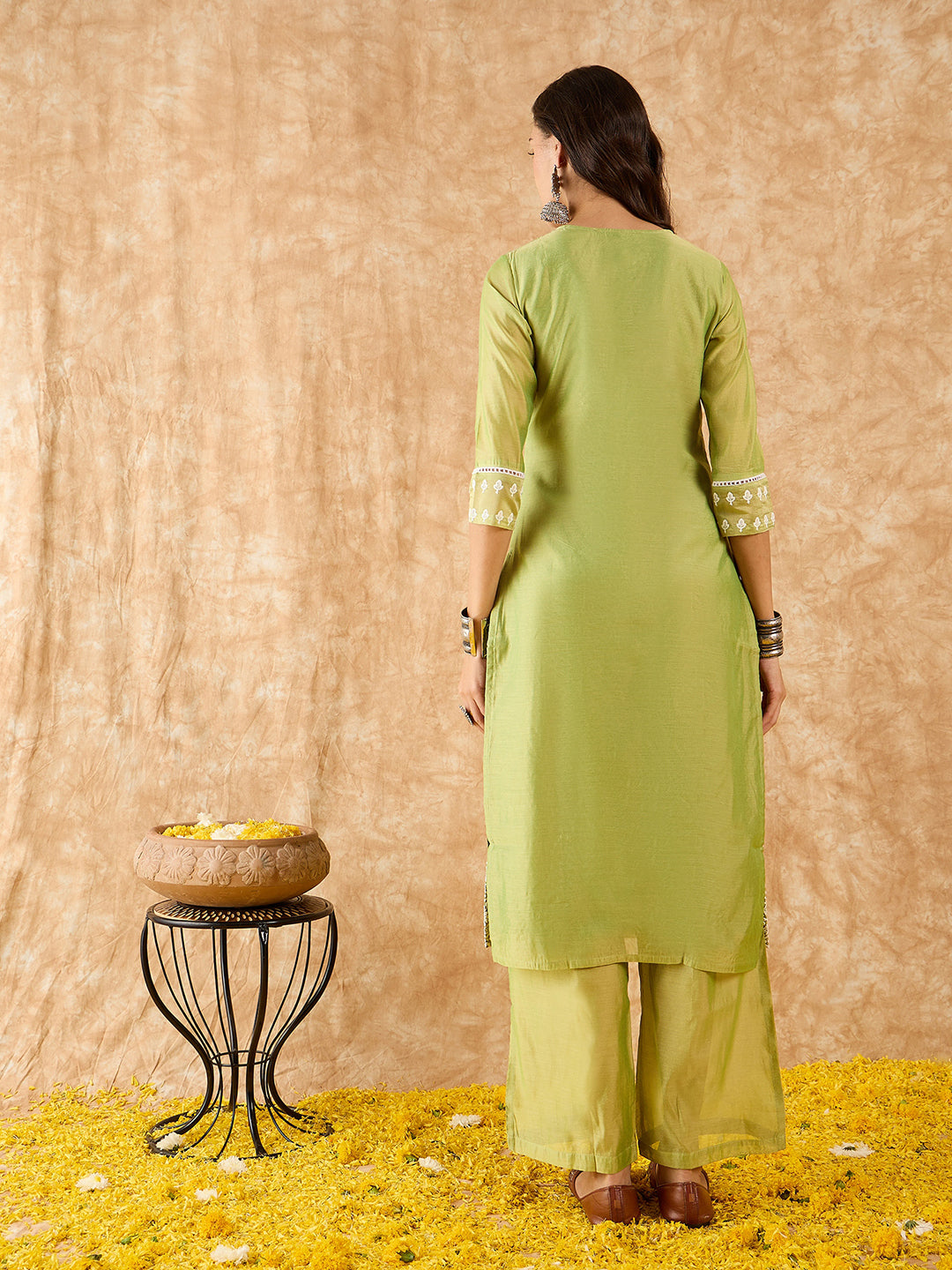 Indo Era Green Floral Embroidered Straight Kurta With Palazzo Set