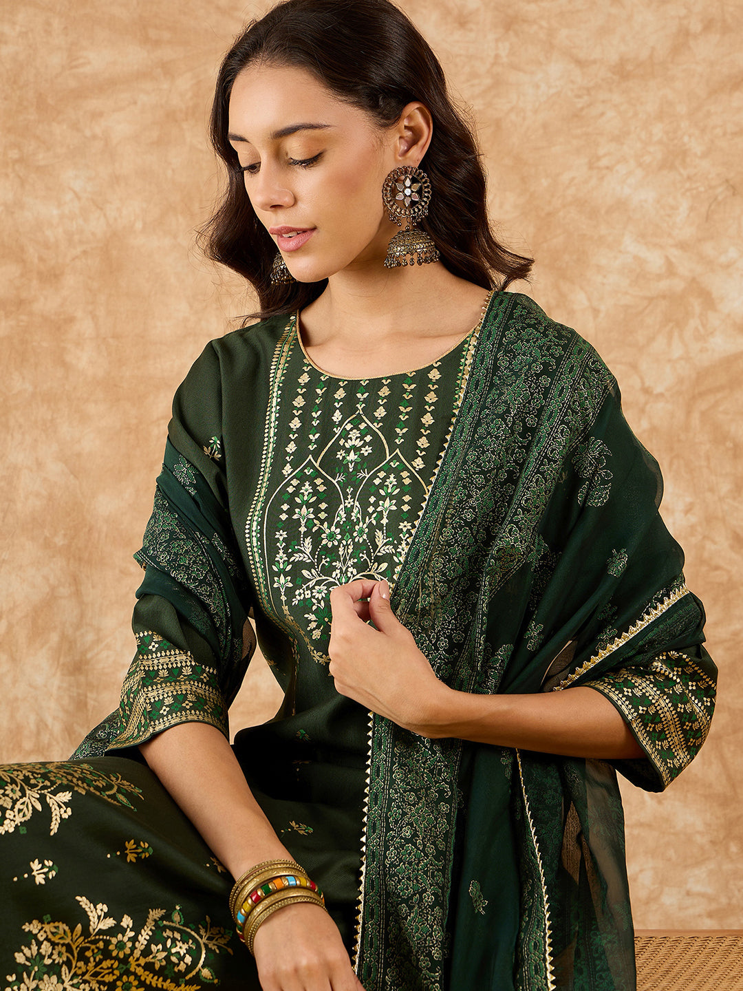 Indo Era Green Printed Straight Kurta Palazzos With Dupatta Set