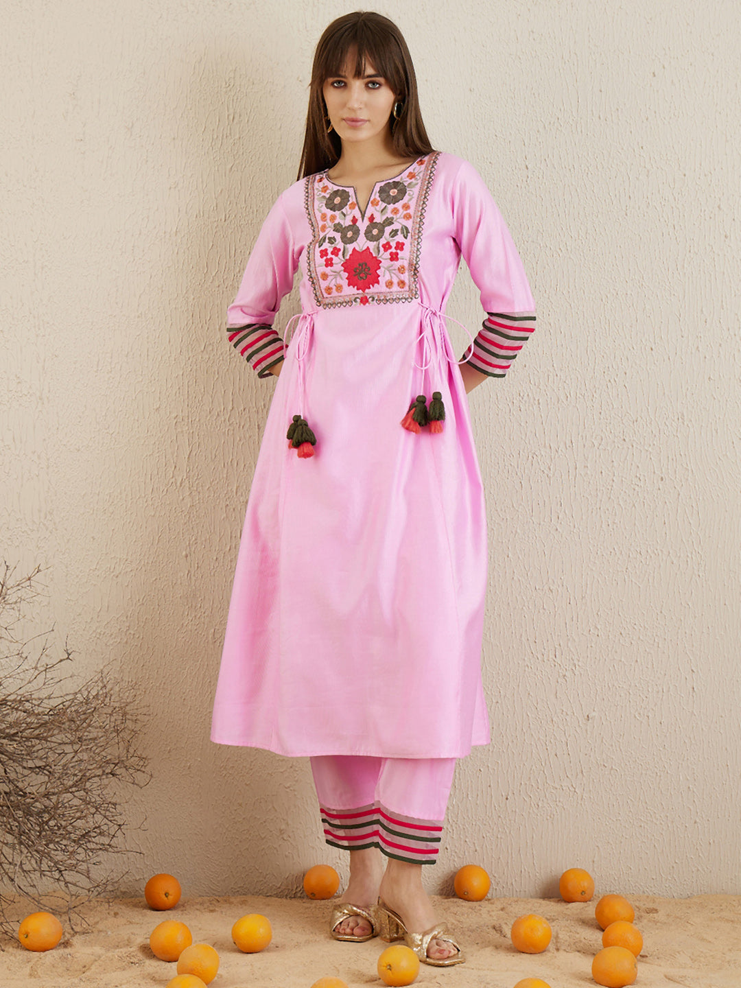 Indo Era Lavender Embroidered A-Line Kurta Trousers Set