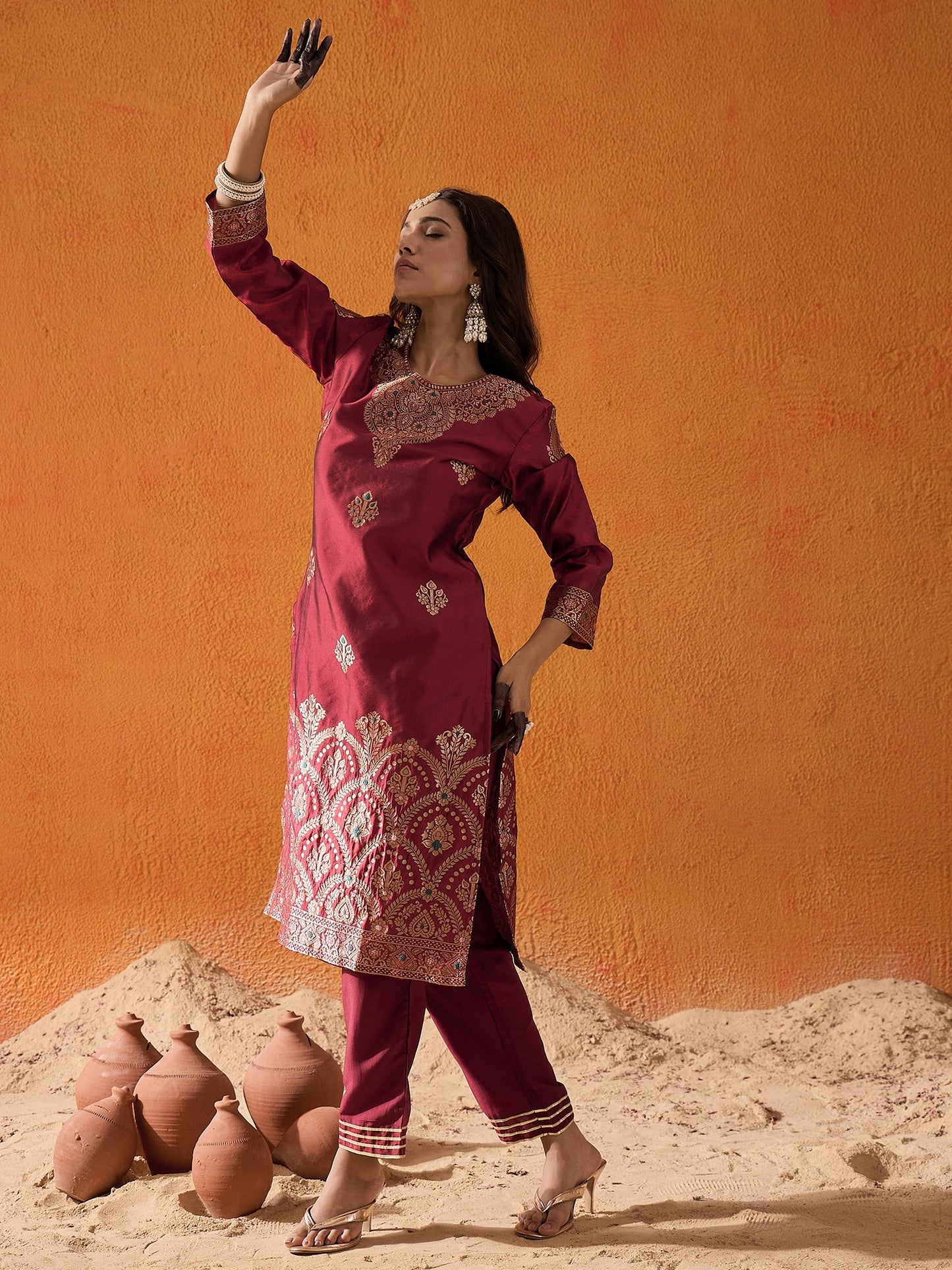 Maroon Woven Design Straight Kurta Palazzos Set