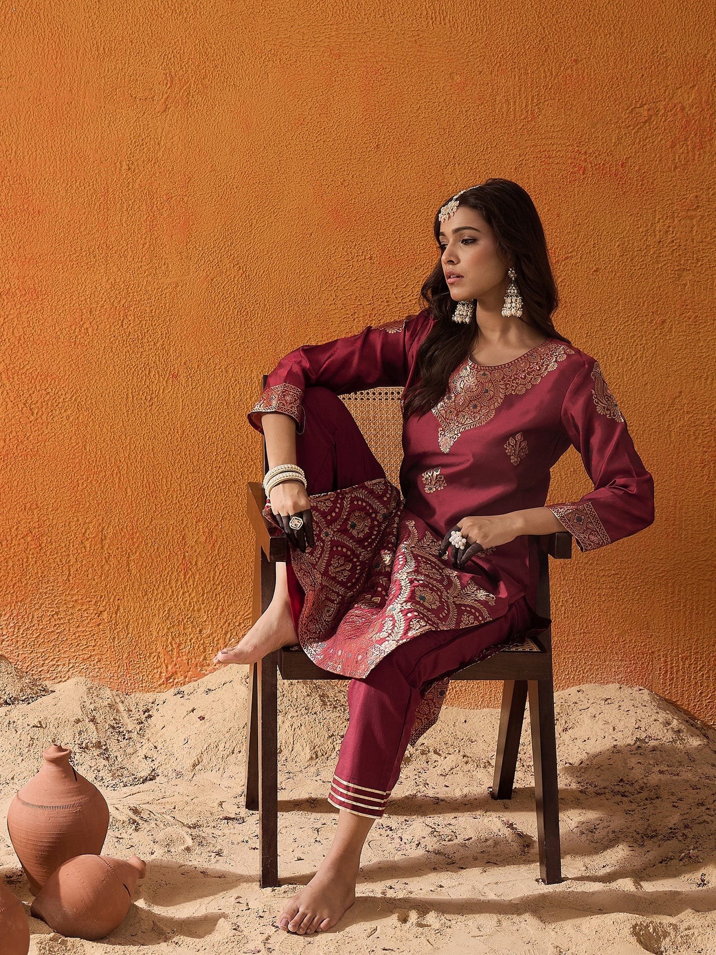 Maroon Woven Design Straight Kurta Palazzos Set