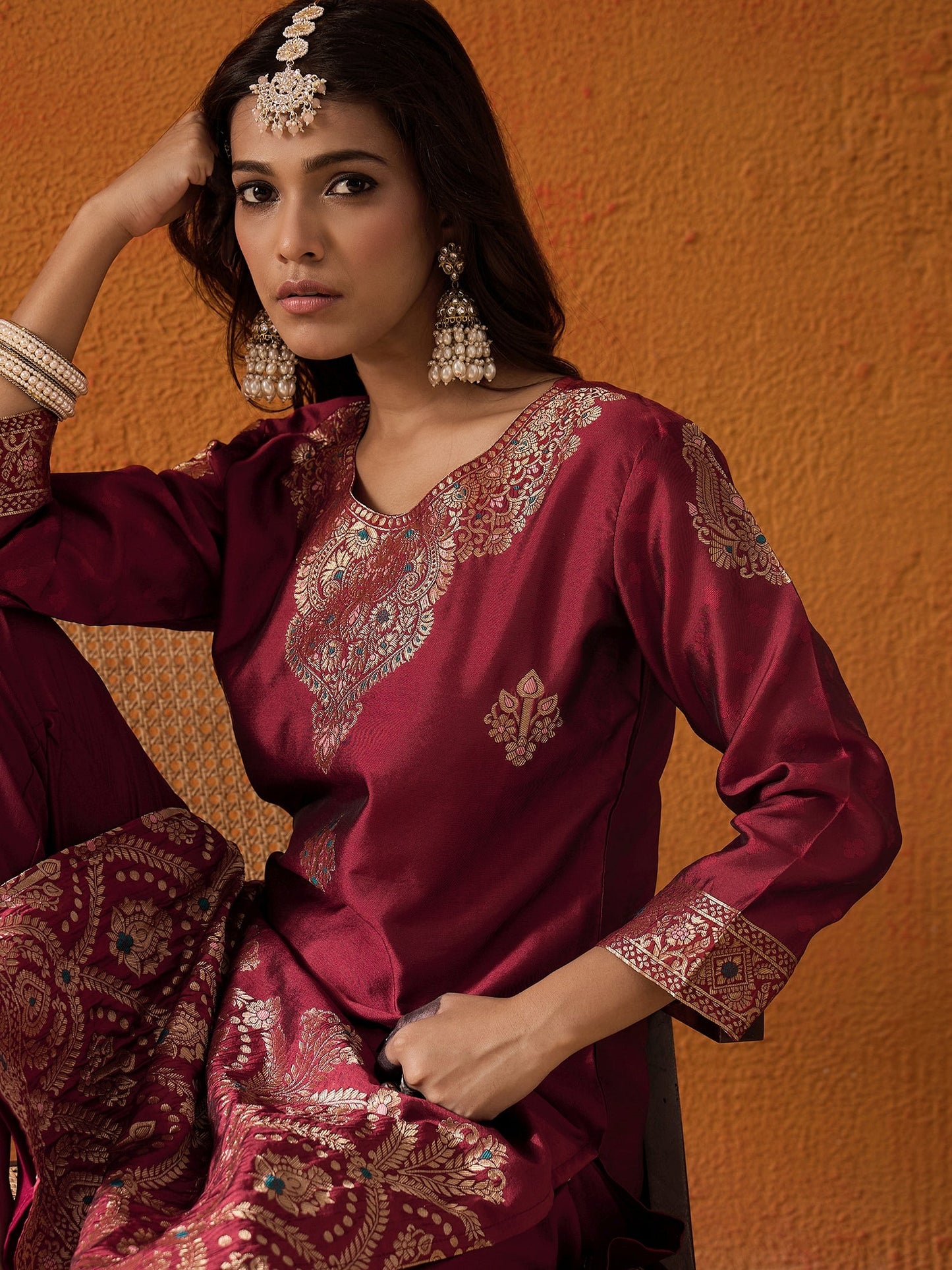 Maroon Woven Design Straight Kurta Palazzos Set