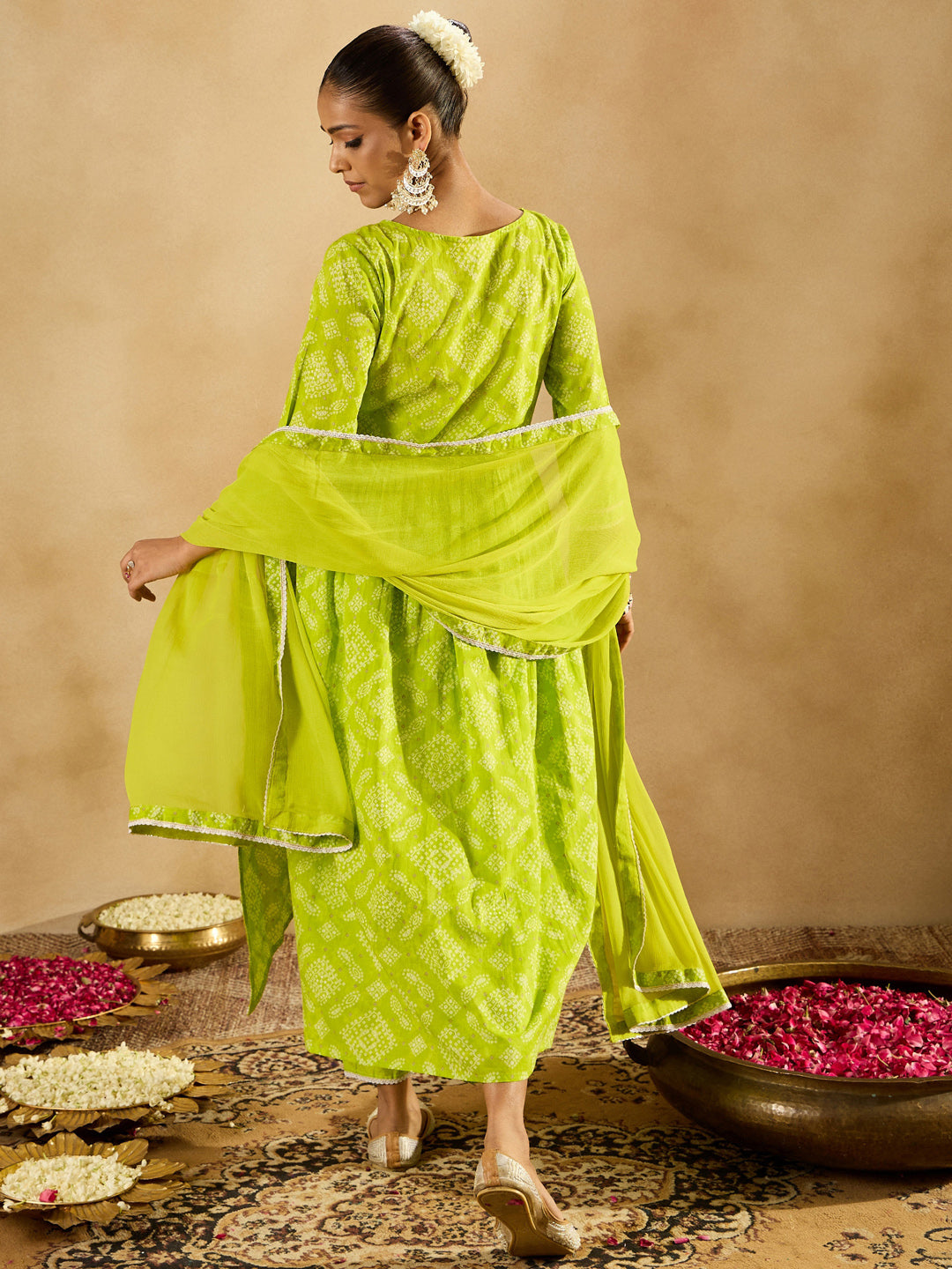 Indo Era Green Printed A-Line Kurta Trousers With Dupatta set