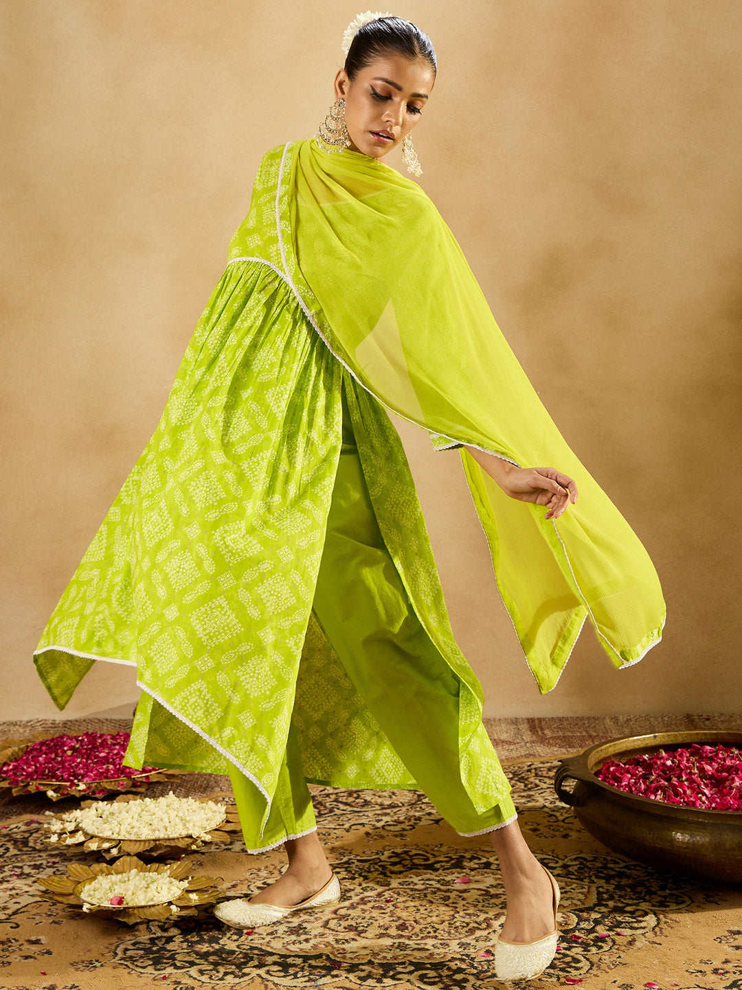 Indo Era Green Printed A-Line Kurta Trousers With Dupatta set