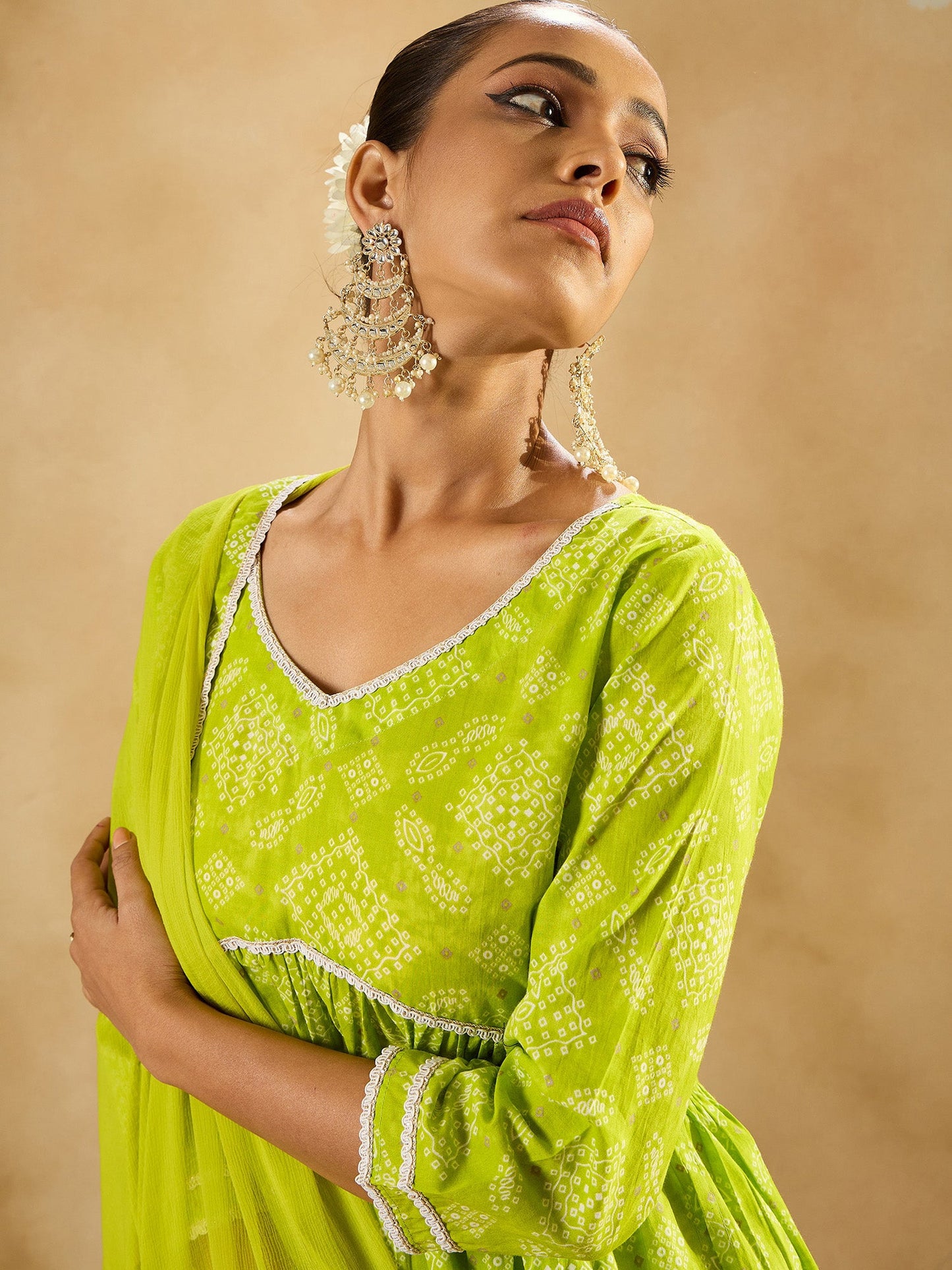 Indo Era Green Printed A-Line Kurta Trousers With Dupatta set