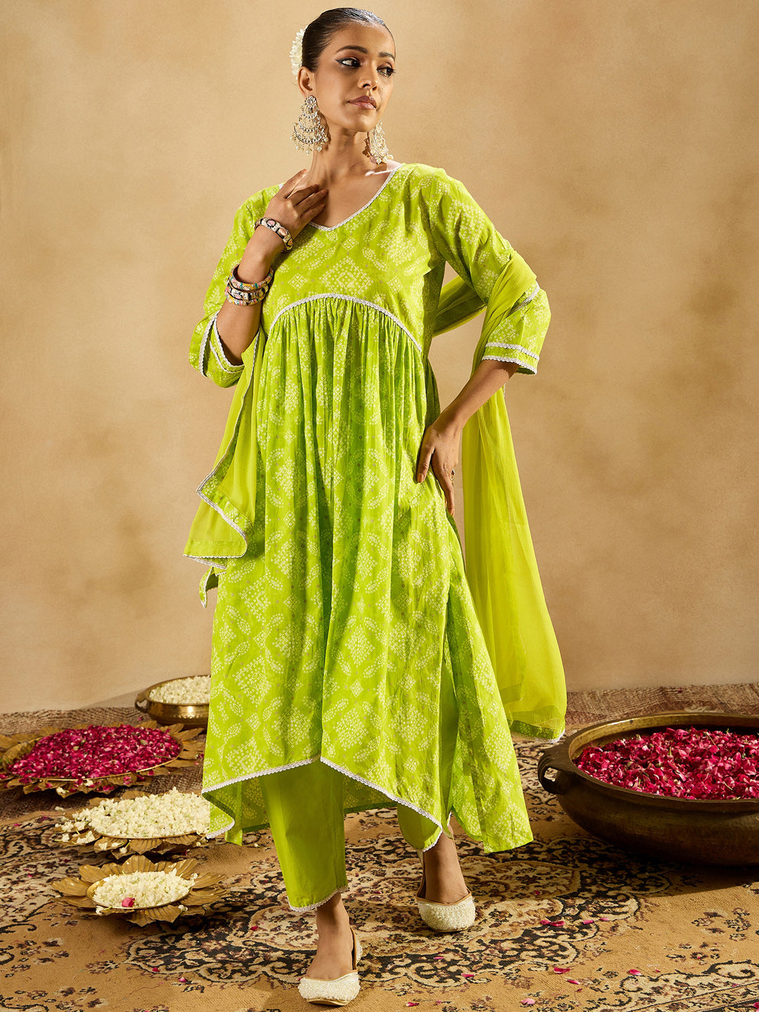Indo Era Green Printed A-Line Kurta Trousers With Dupatta set