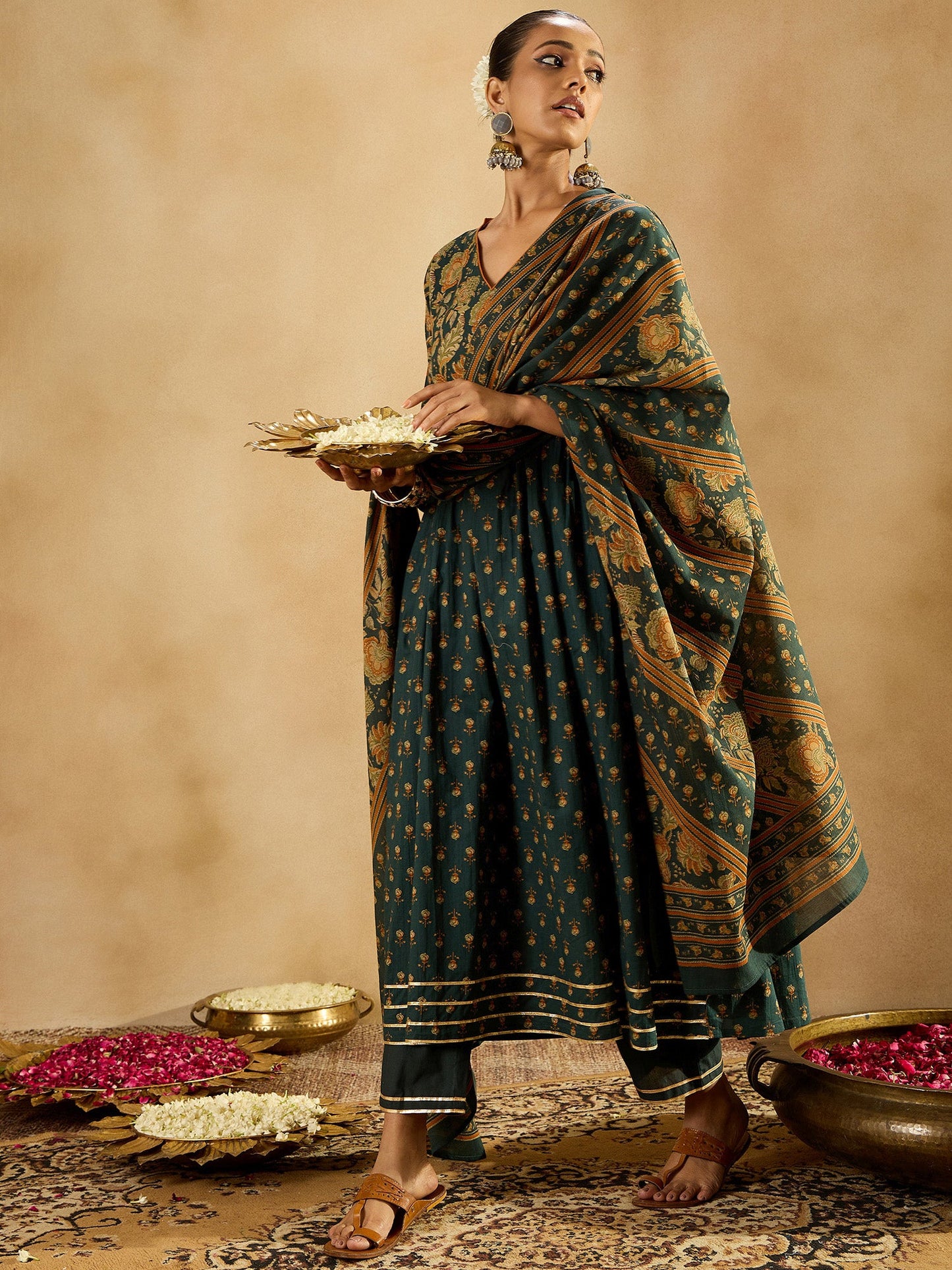Indo Era Green Printed A-Line Kurta Trousers With Dupatta set