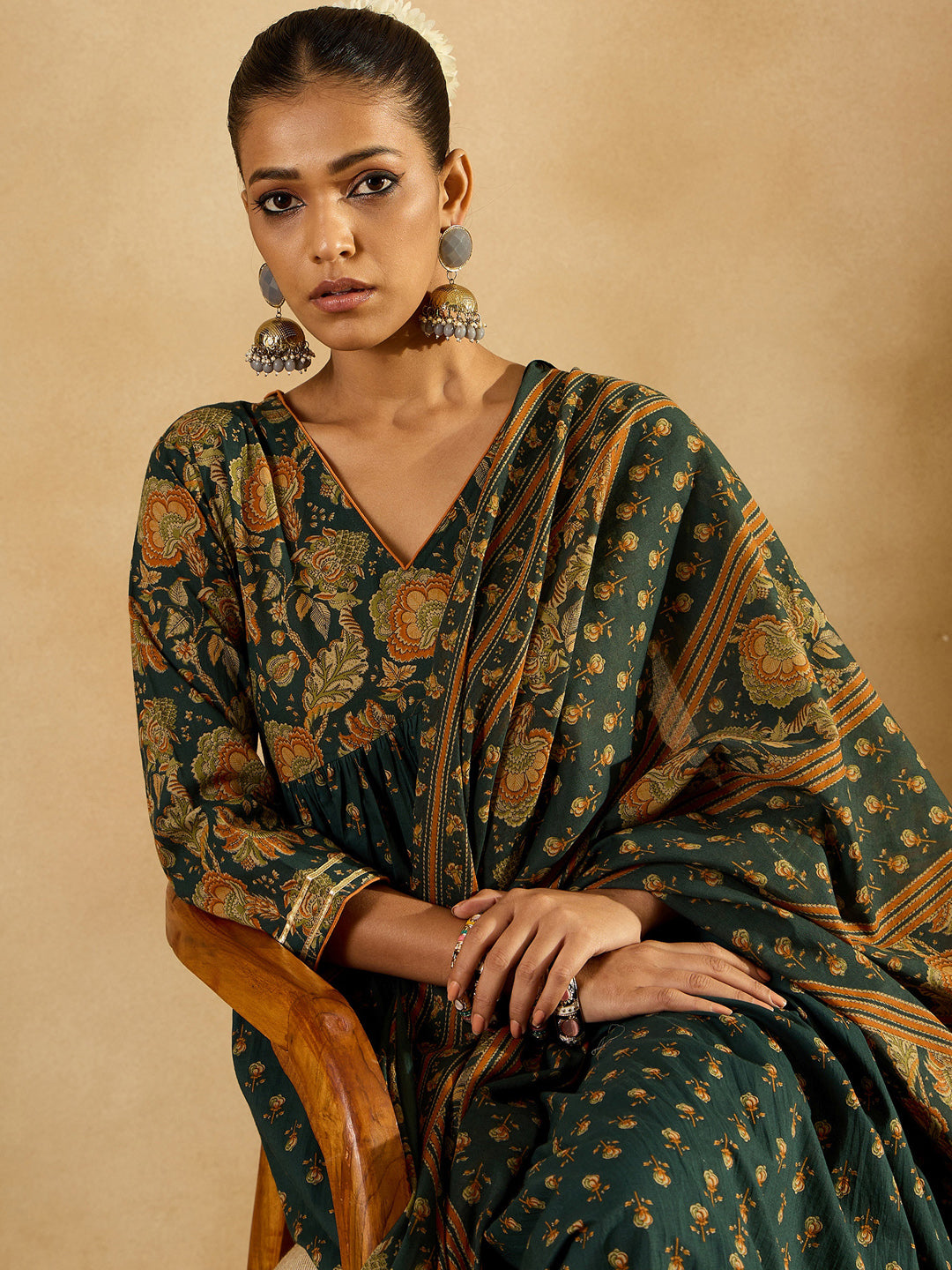 Indo Era Green Printed A-Line Kurta Trousers With Dupatta set