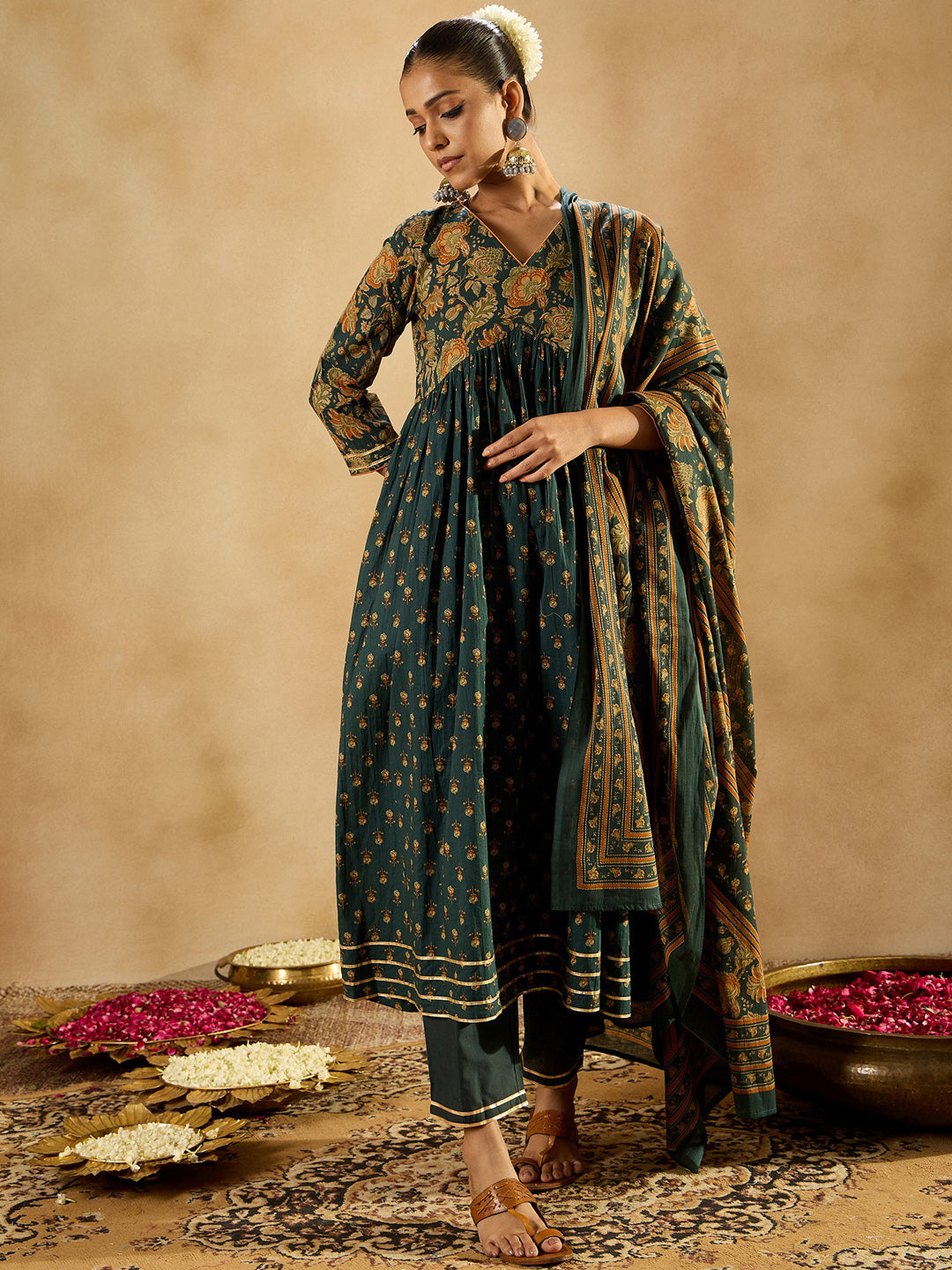Indo Era Green Printed A-Line Kurta Trousers With Dupatta set