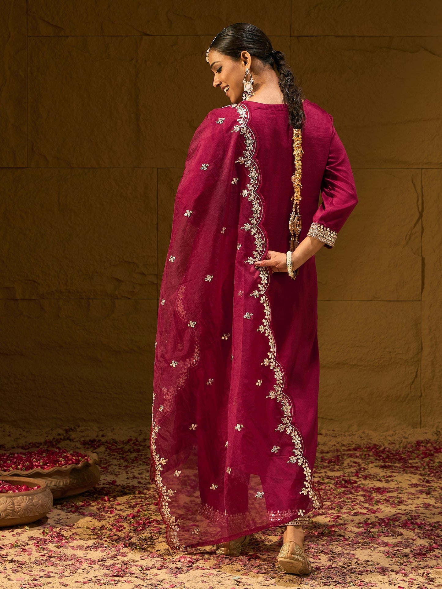 Indo Era Maroon Embroidered Straight Kurta Trousers With Dupatta set