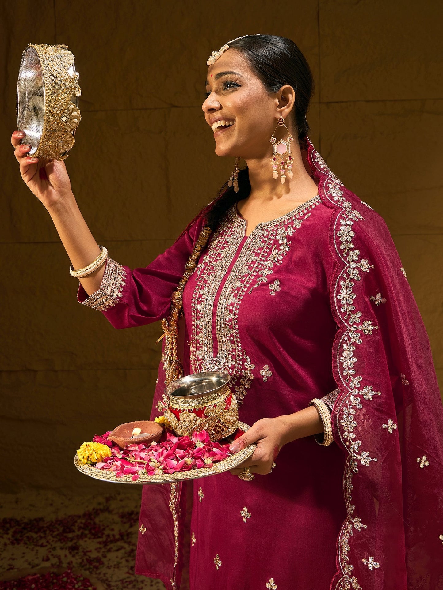 Indo Era Maroon Embroidered Straight Kurta Trousers With Dupatta set