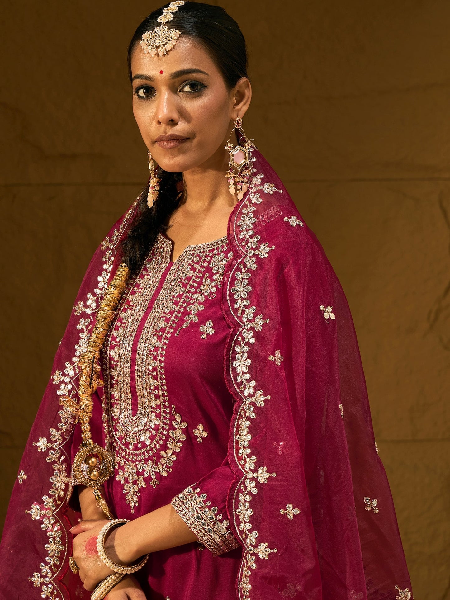 Indo Era Maroon Embroidered Straight Kurta Trousers With Dupatta set