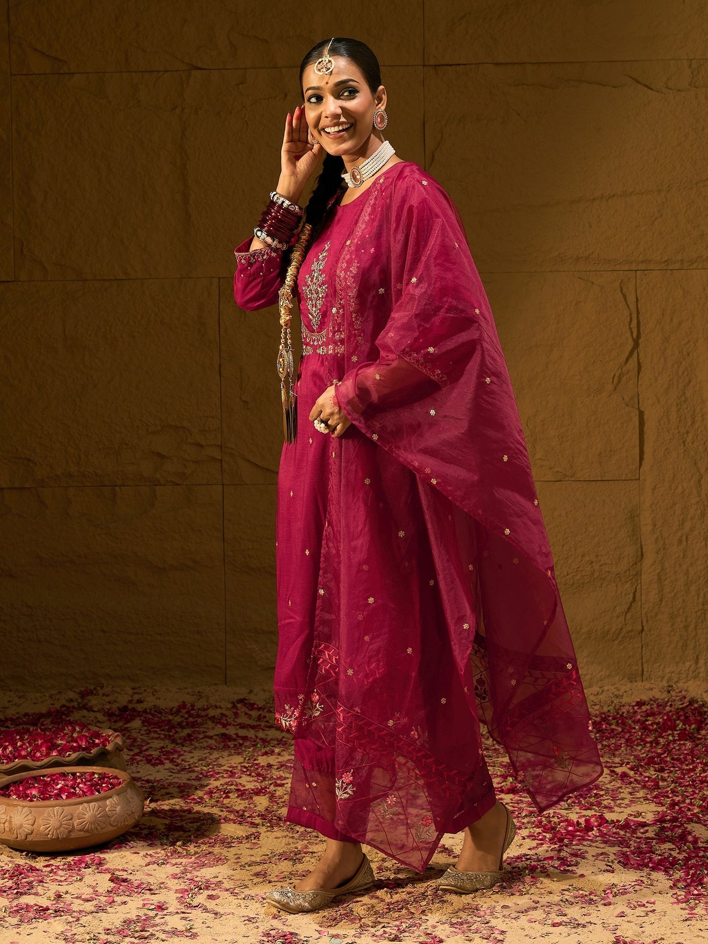 Maroon Embroidered Straight Kurta Trousers With Dupatta set