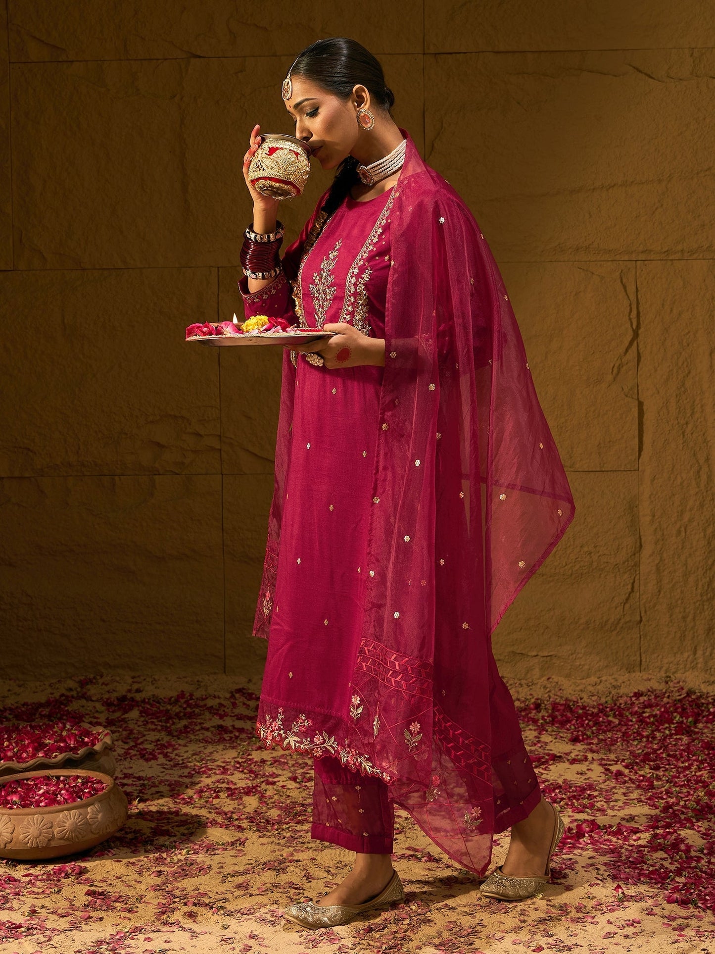 Maroon Embroidered Straight Kurta Trousers With Dupatta set