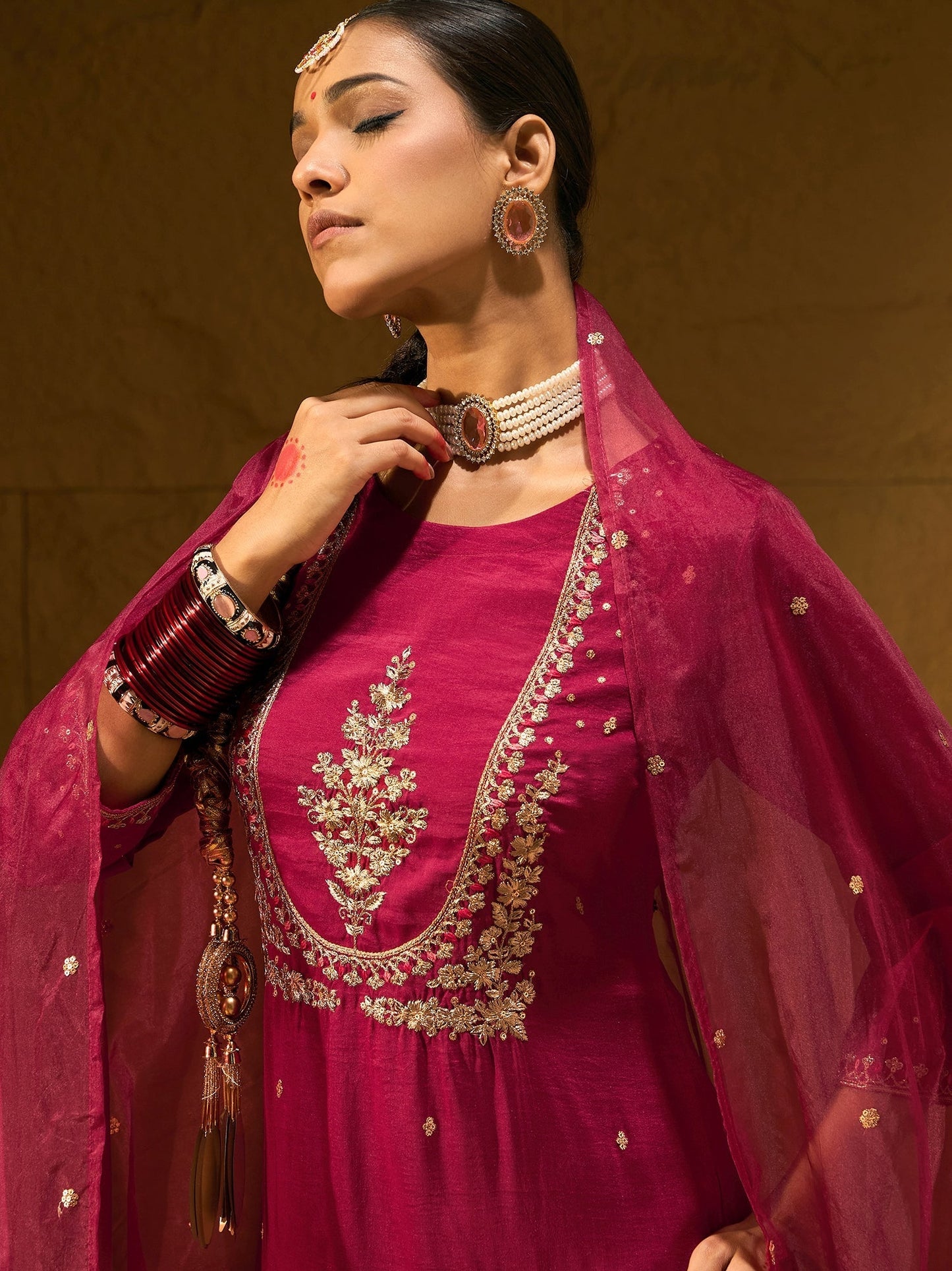 Maroon Embroidered Straight Kurta Trousers With Dupatta set