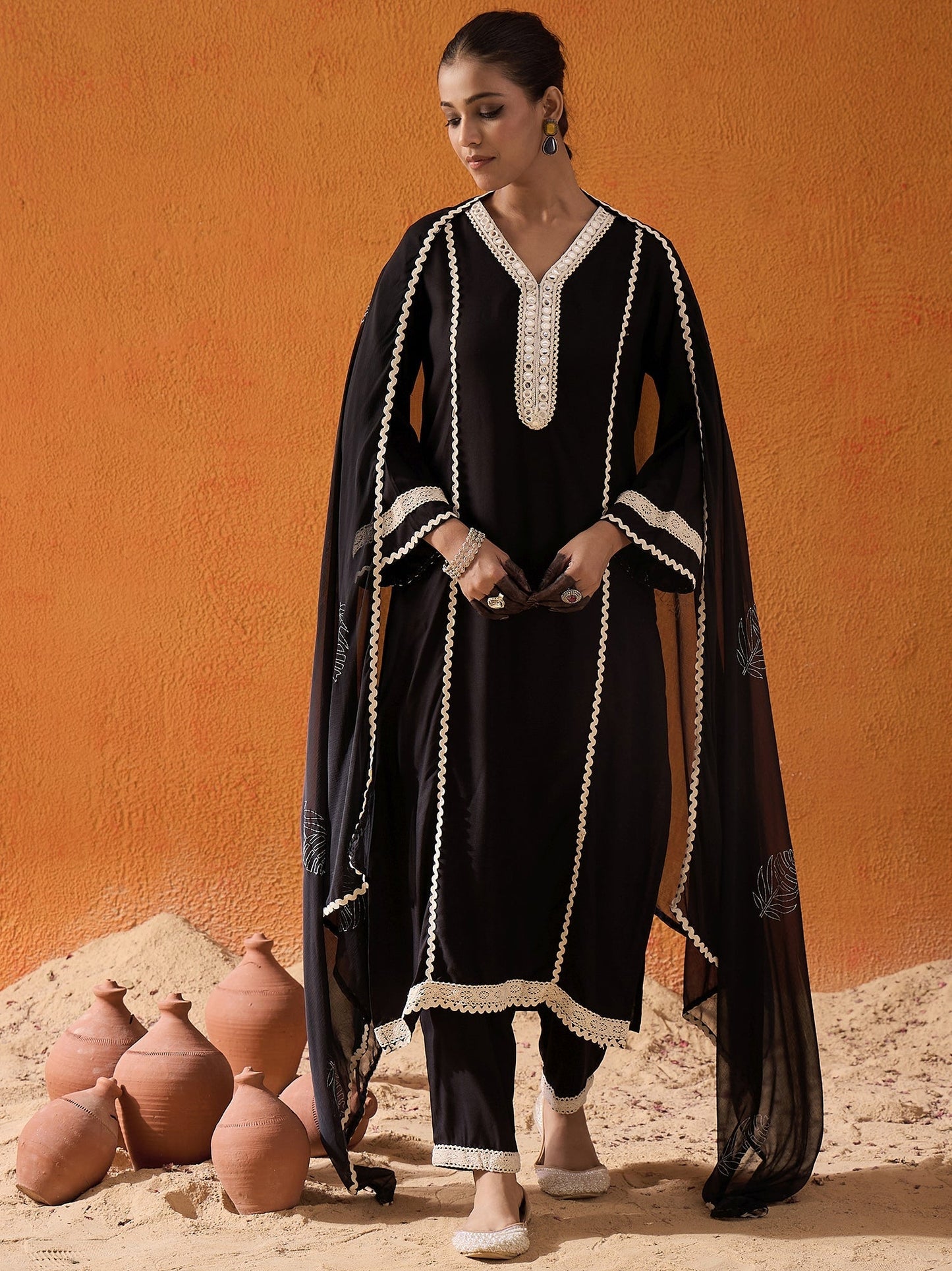 Indo Era Black Embroidered Straight Kurta Trousers With Dupatta set
