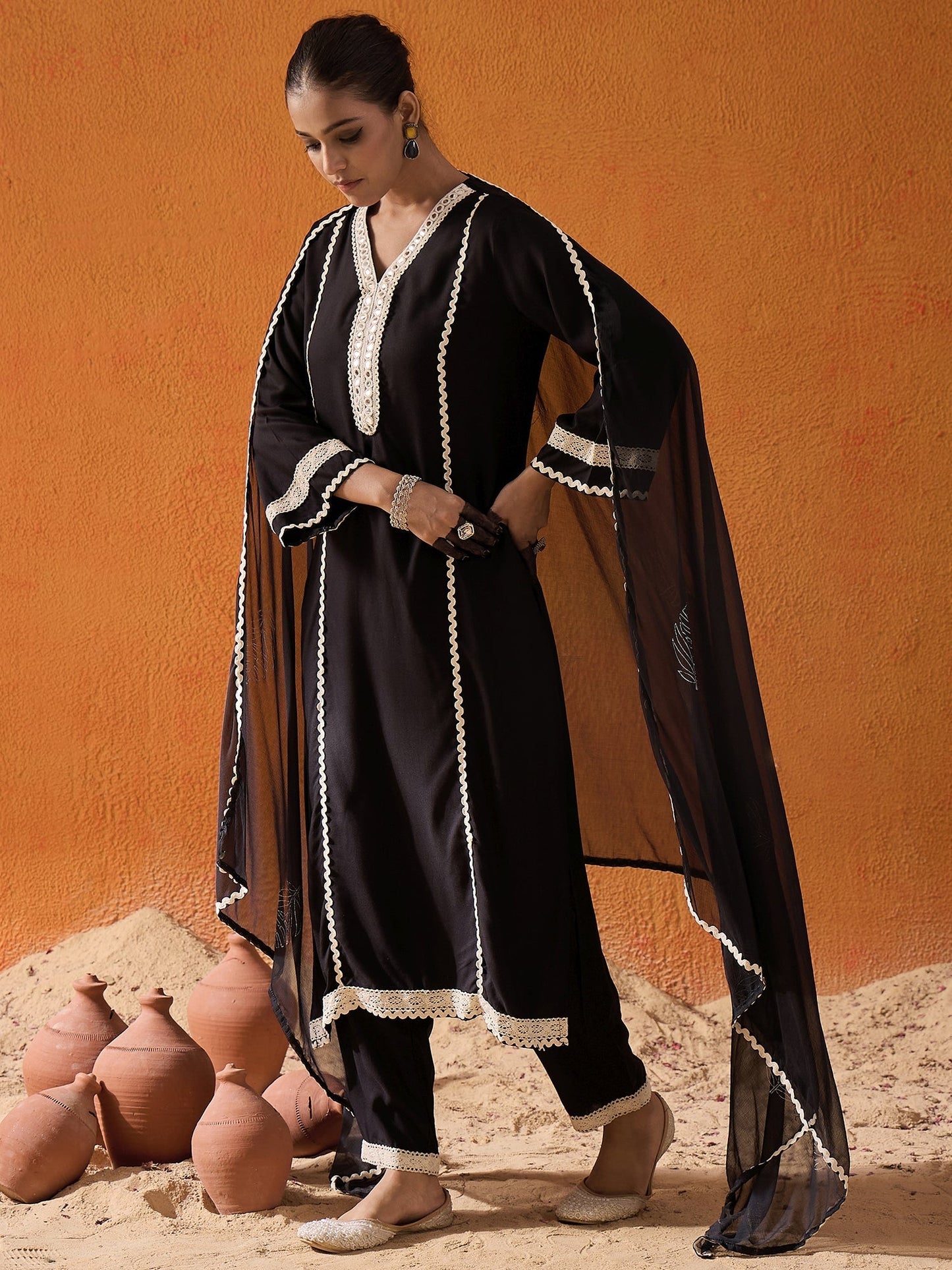 Indo Era Black Embroidered Straight Kurta Trousers With Dupatta set