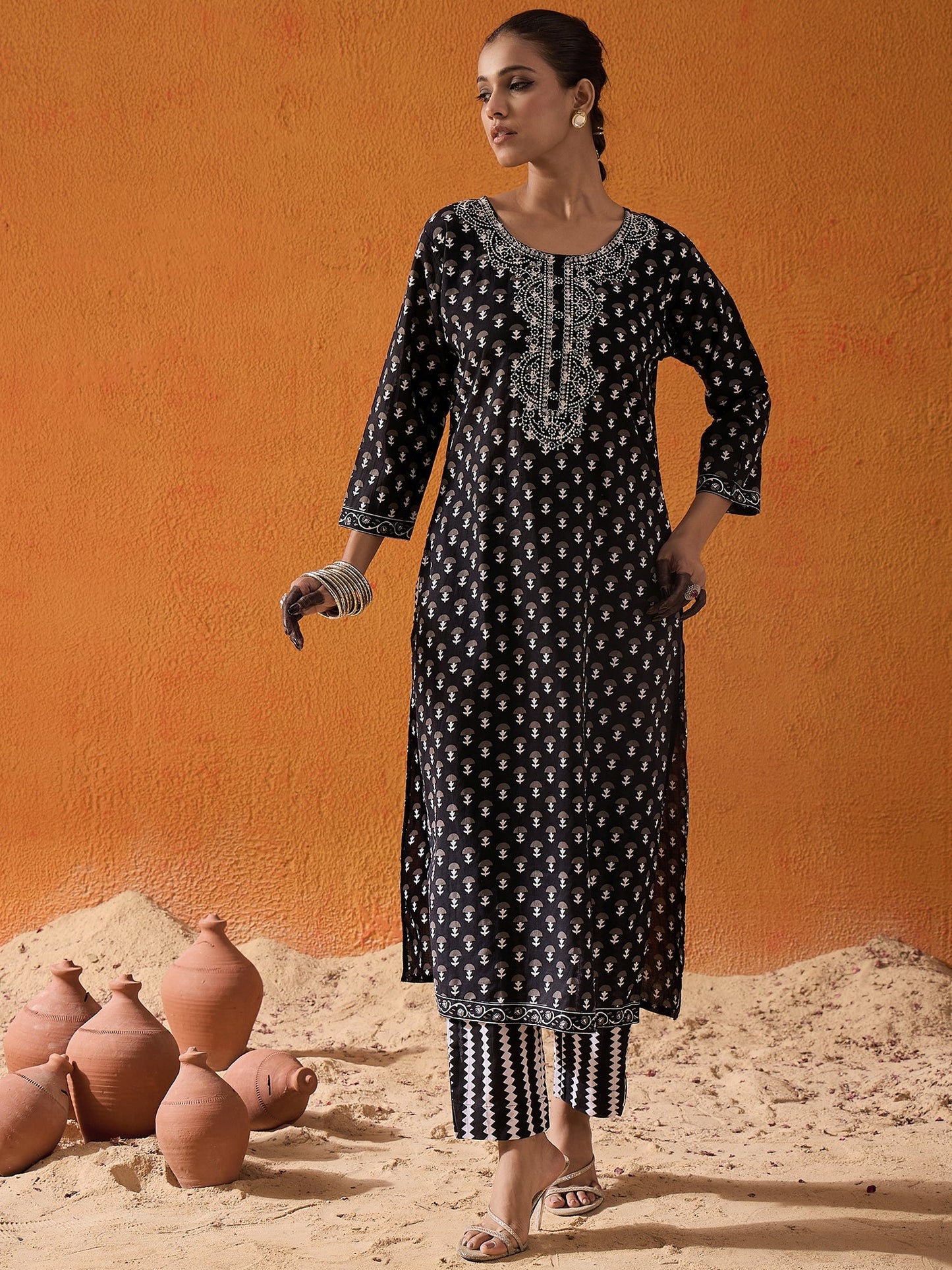 Indo Era Black Printed Straight Kurta Trousers With Dupatta set