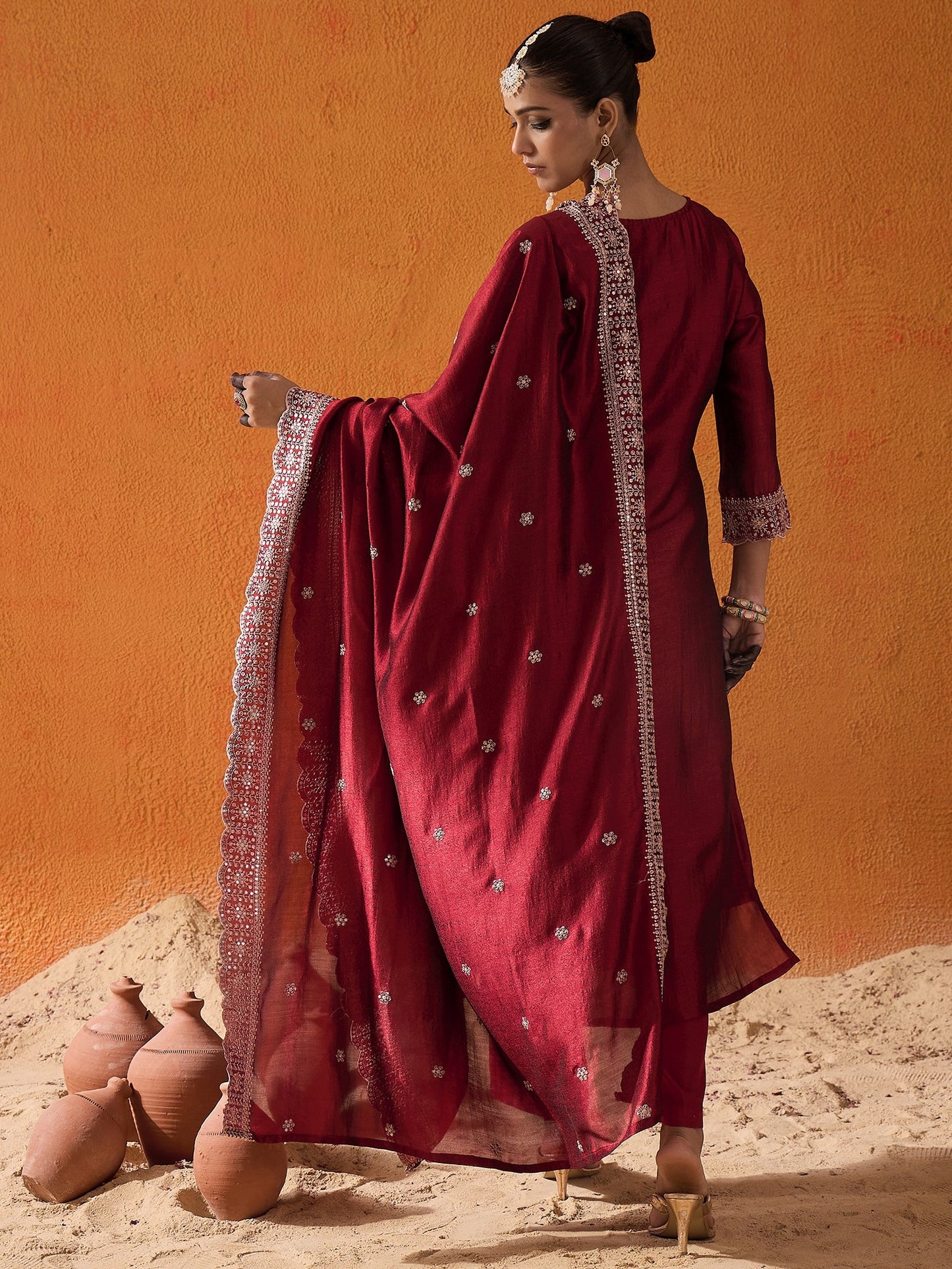 Maroon Embroidered Straight Kurta Trousers With Dupatta set