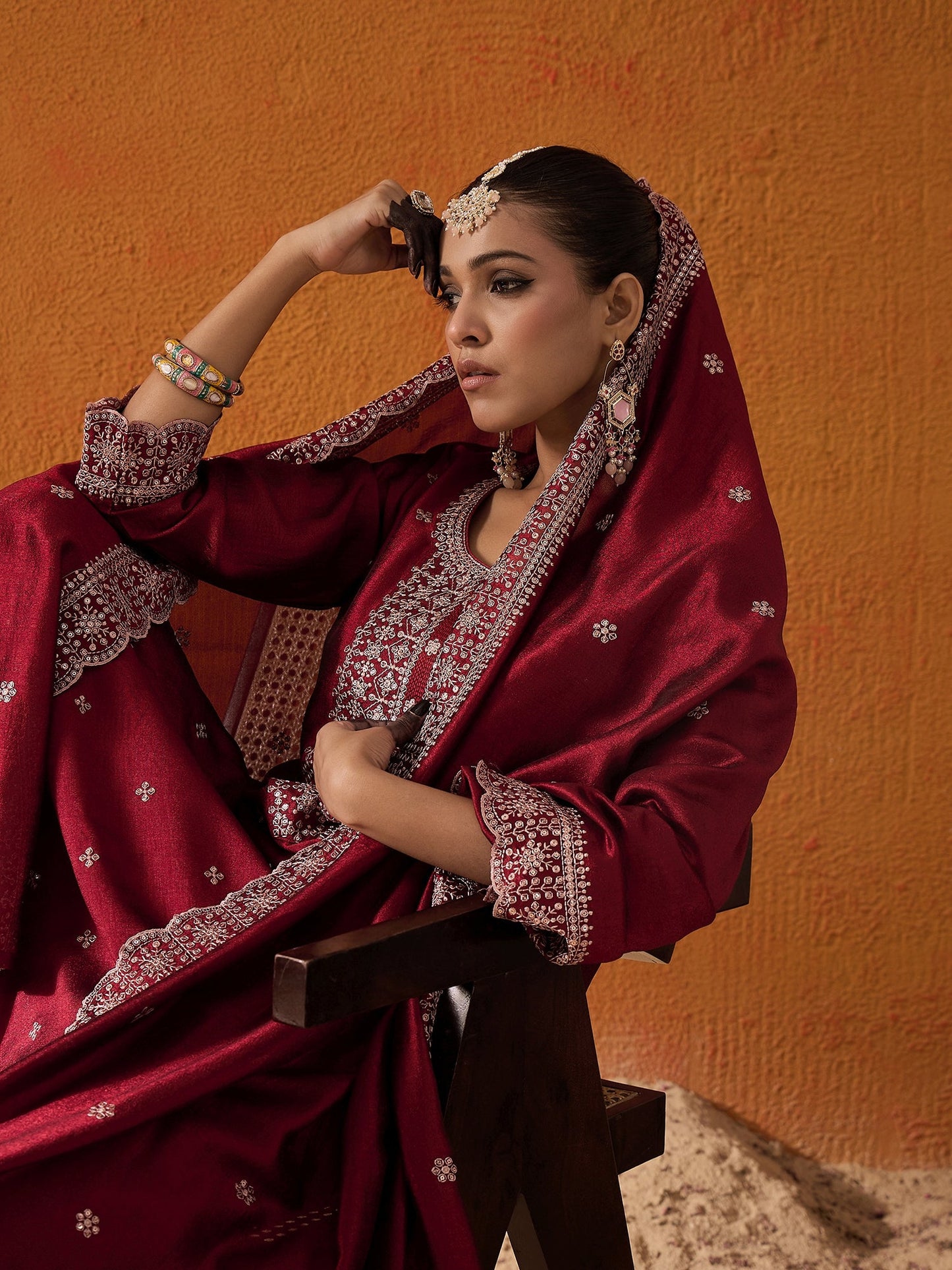 Maroon Embroidered Straight Kurta Trousers With Dupatta set