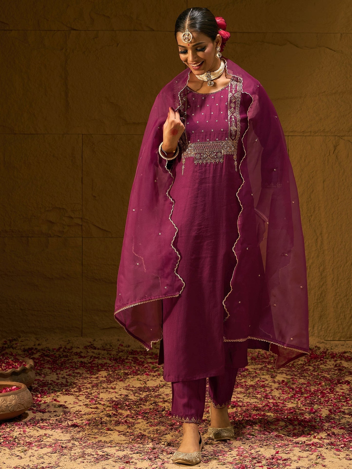 Indo Era Burgundy Embroidered Straight Kurta Trousers With Dupatta Set