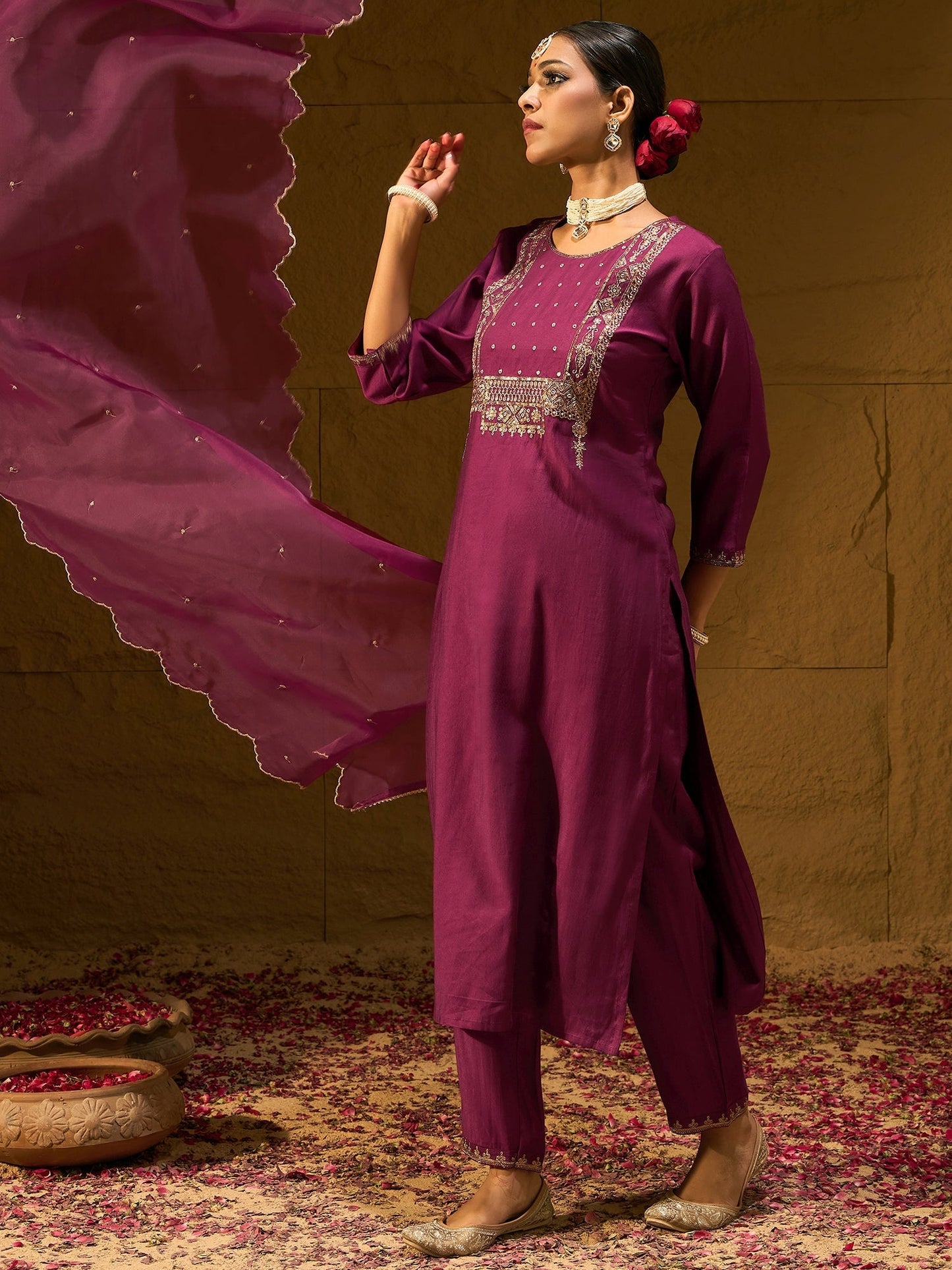 Indo Era Burgundy Embroidered Straight Kurta Trousers With Dupatta Set