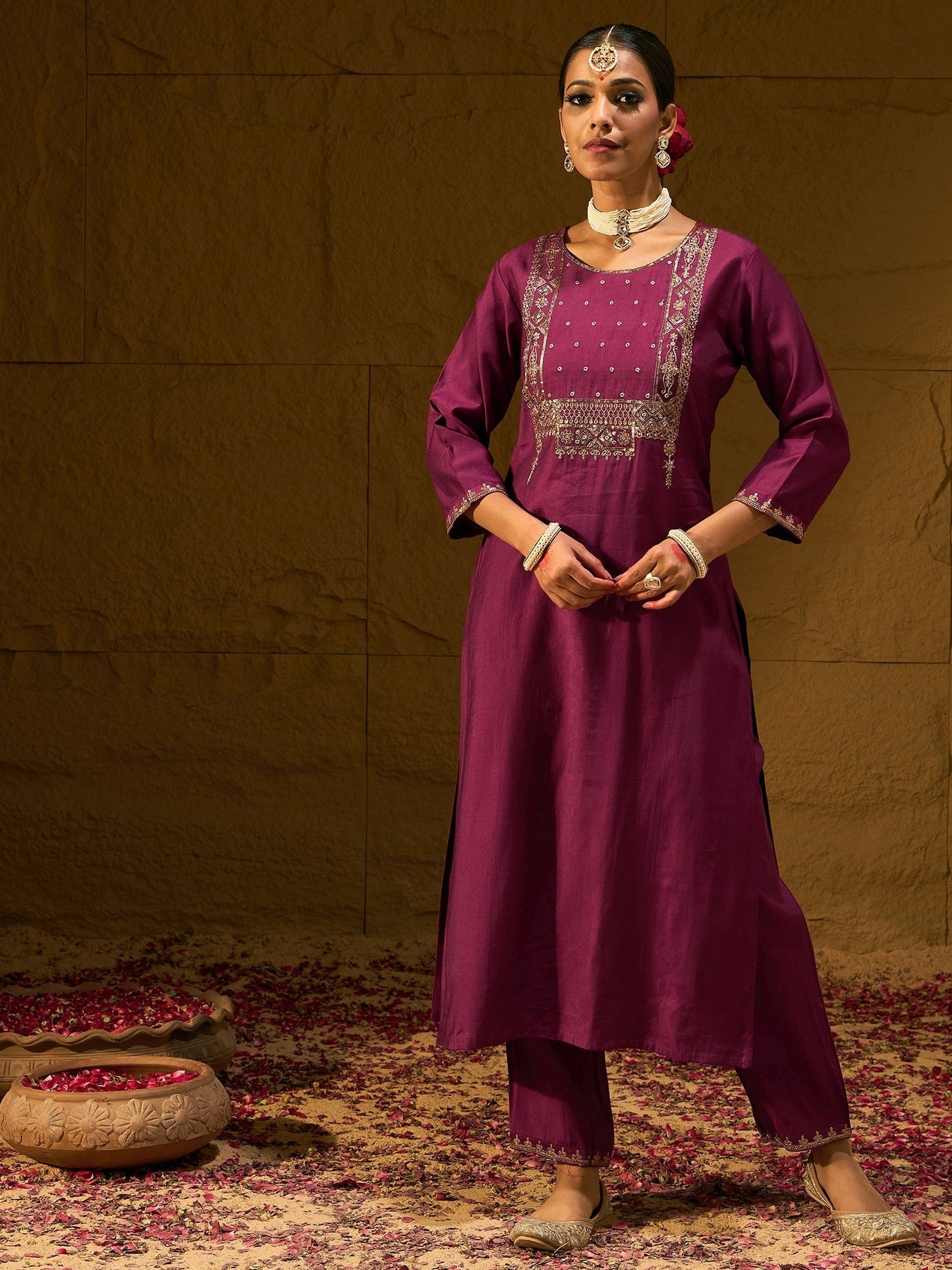Indo Era Burgundy Embroidered Straight Kurta Trousers With Dupatta Set