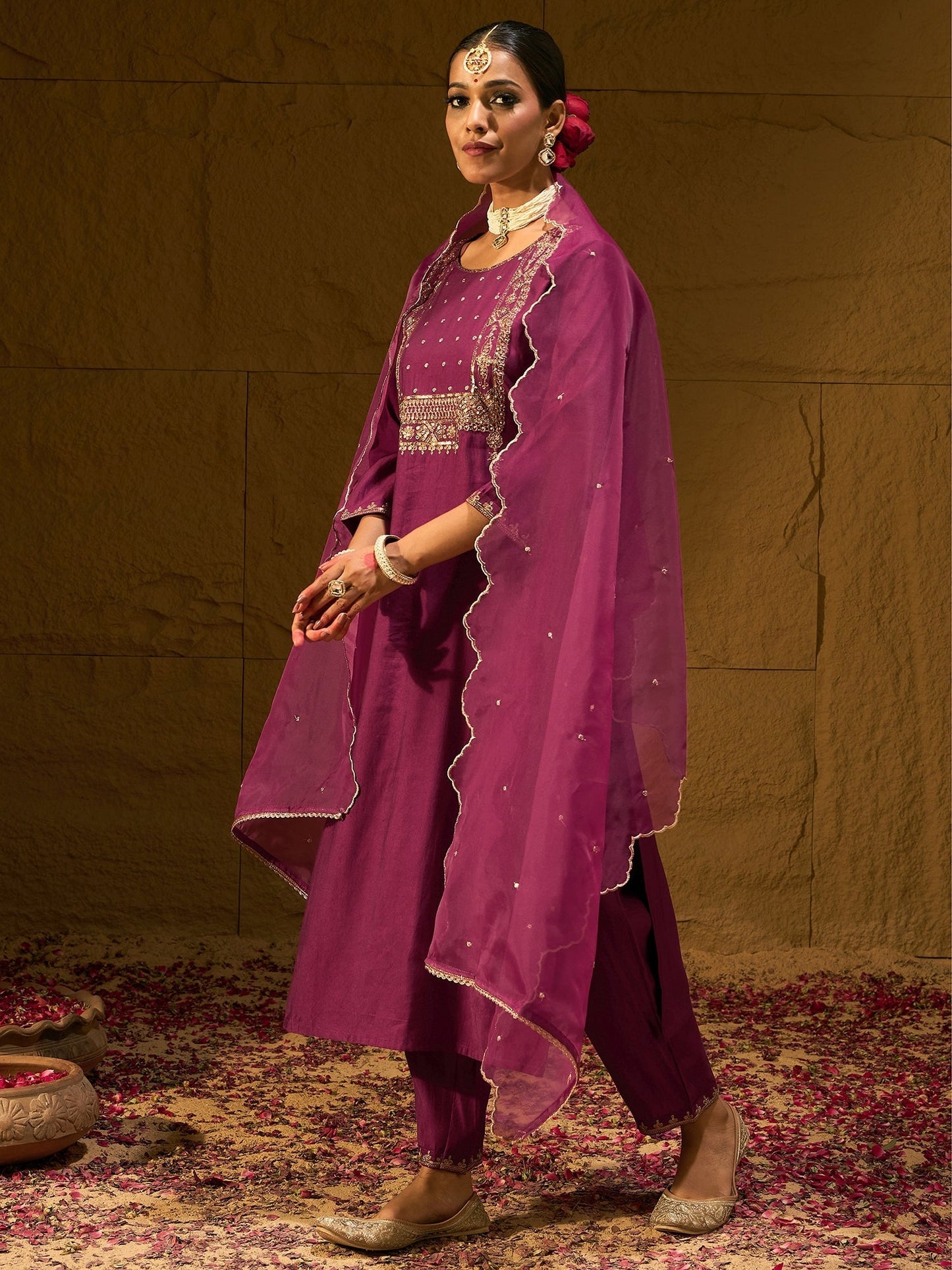Indo Era Burgundy Embroidered Straight Kurta Trousers With Dupatta Set