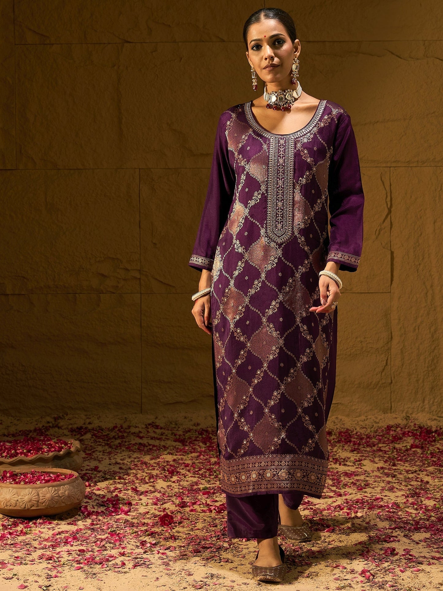 Indo Era Burgundy Embroidered Straight Kurta Trousers With Dupatta set