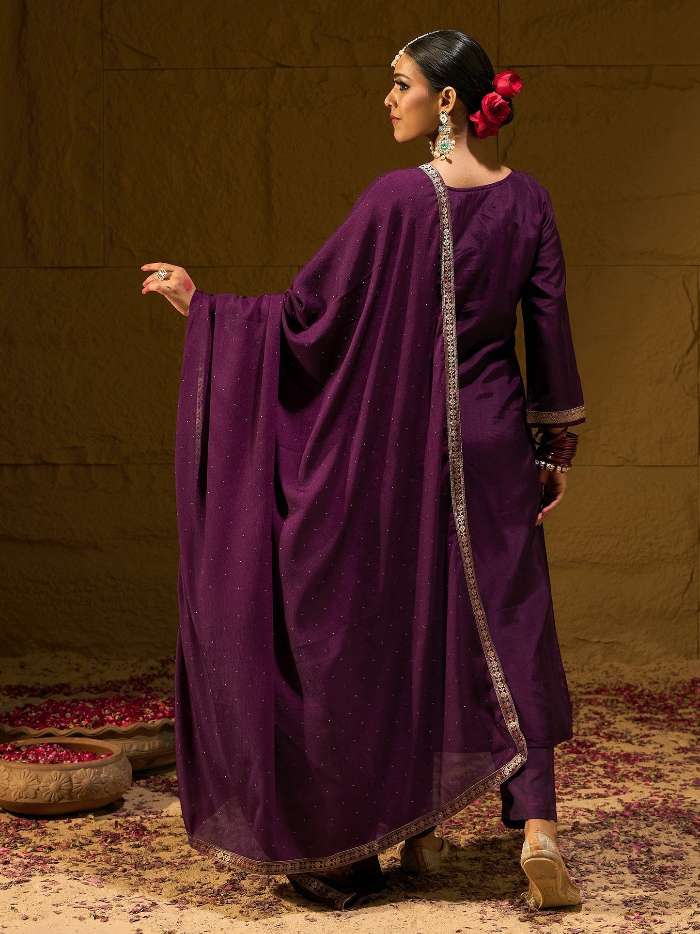 Indo Era Burgundy Embroidered Straight Kurta Trousers With Dupatta set