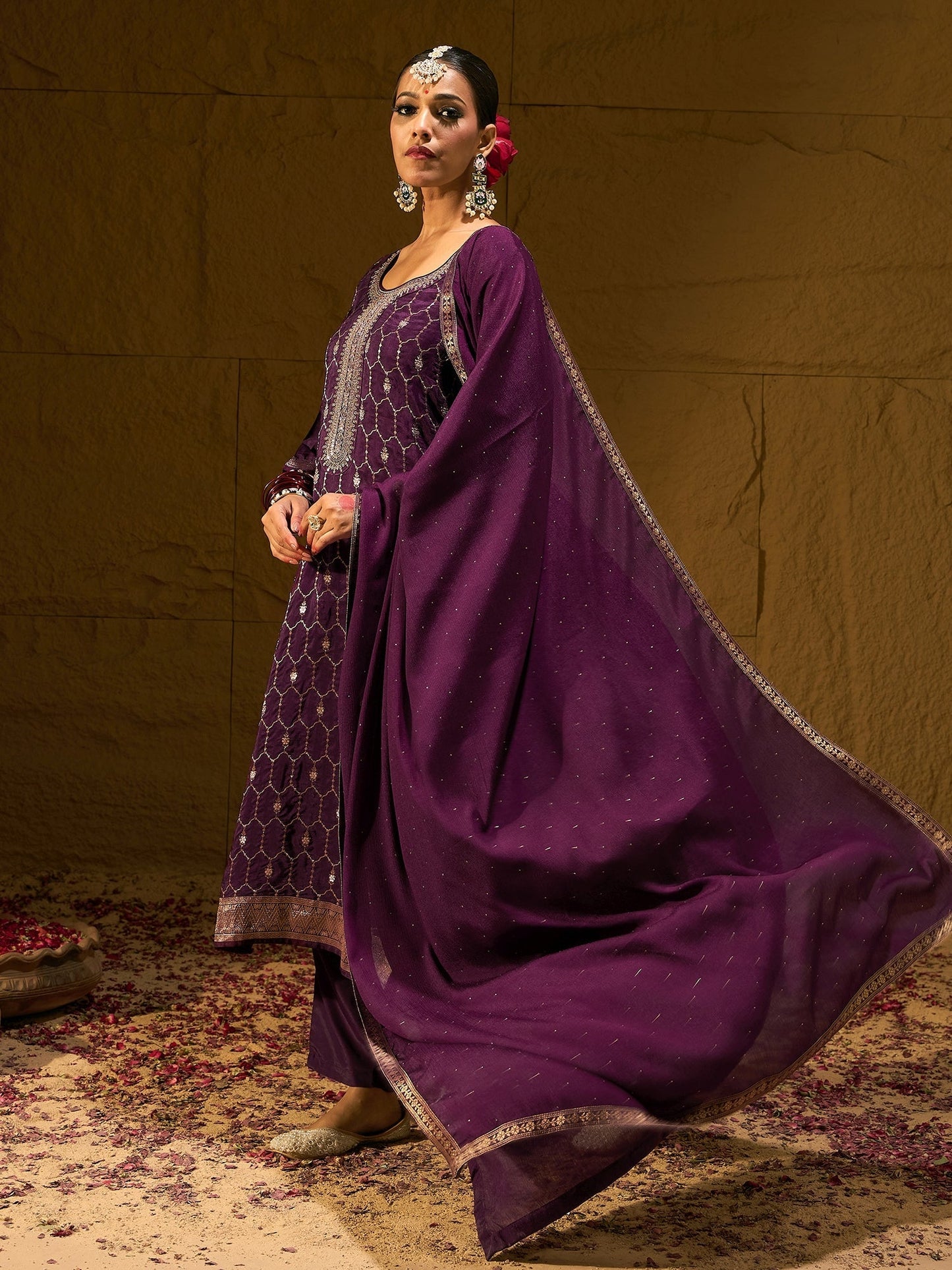 Indo Era Burgundy Embroidered Straight Kurta Trousers With Dupatta set