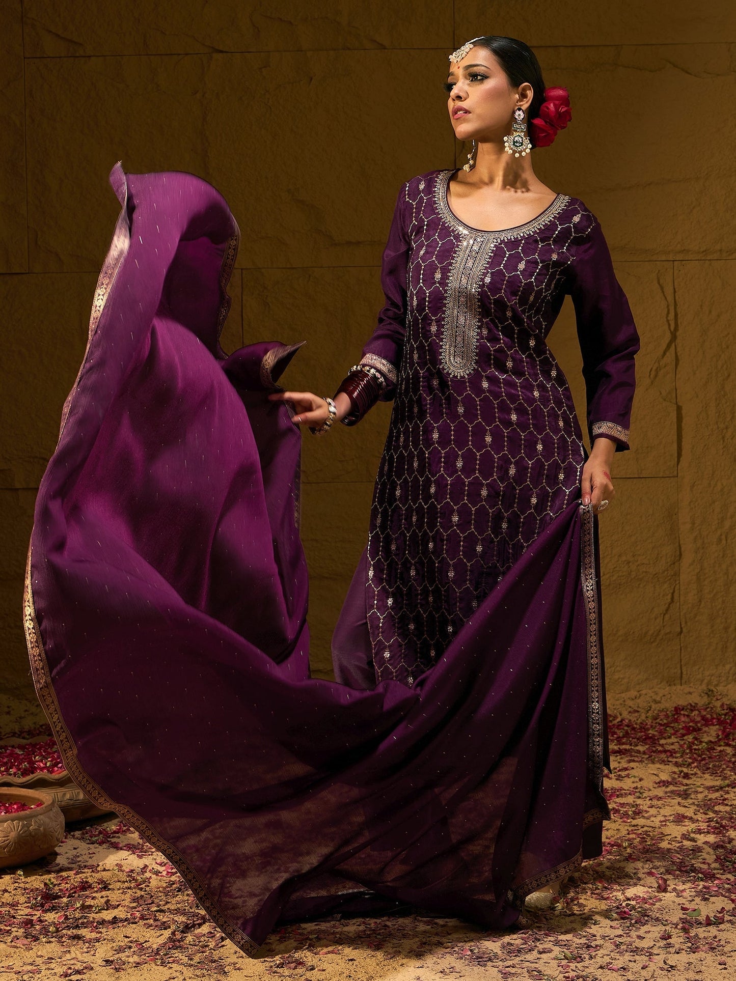 Indo Era Burgundy Embroidered Straight Kurta Trousers With Dupatta set