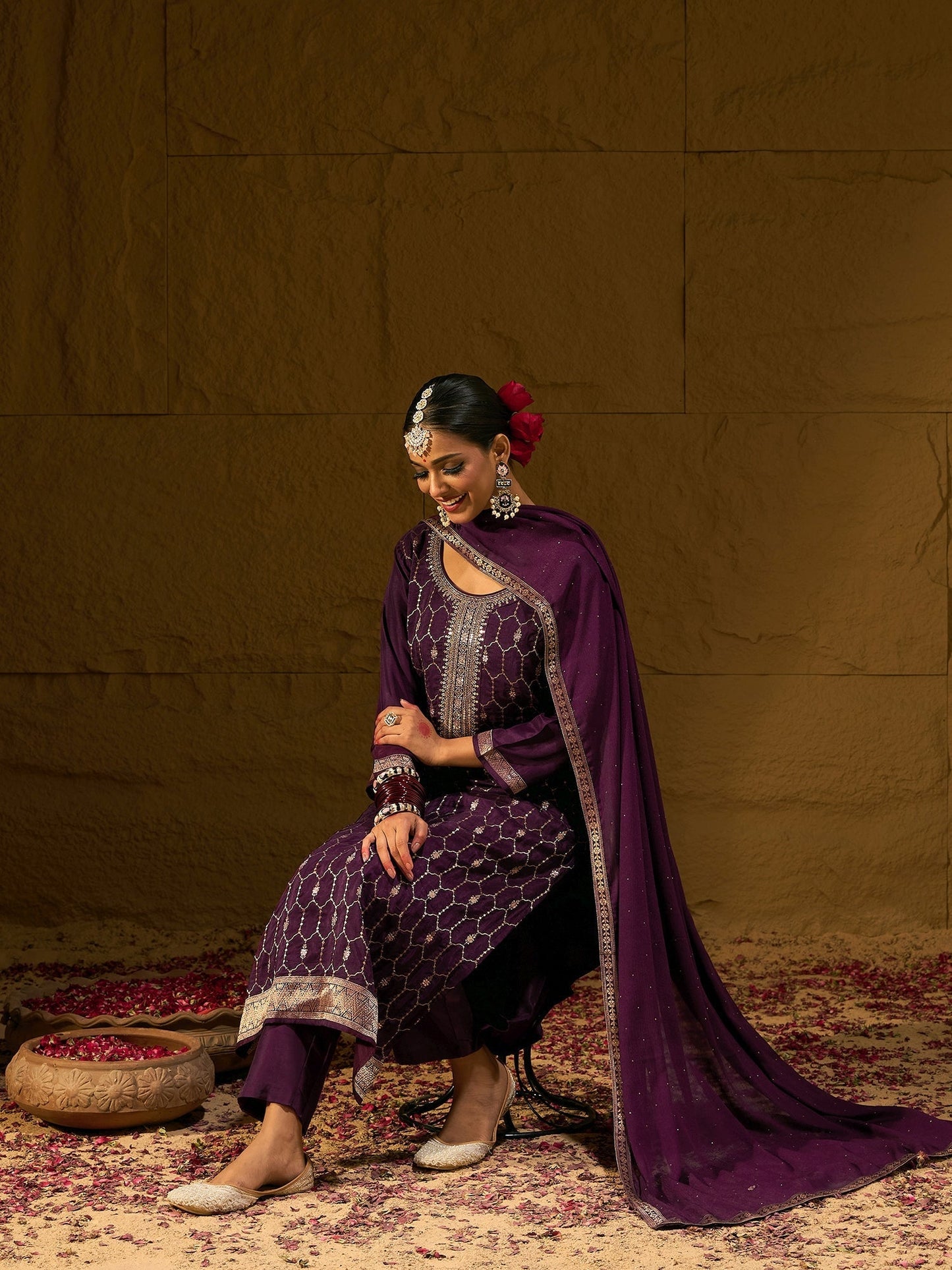 Indo Era Burgundy Embroidered Straight Kurta Trousers With Dupatta set