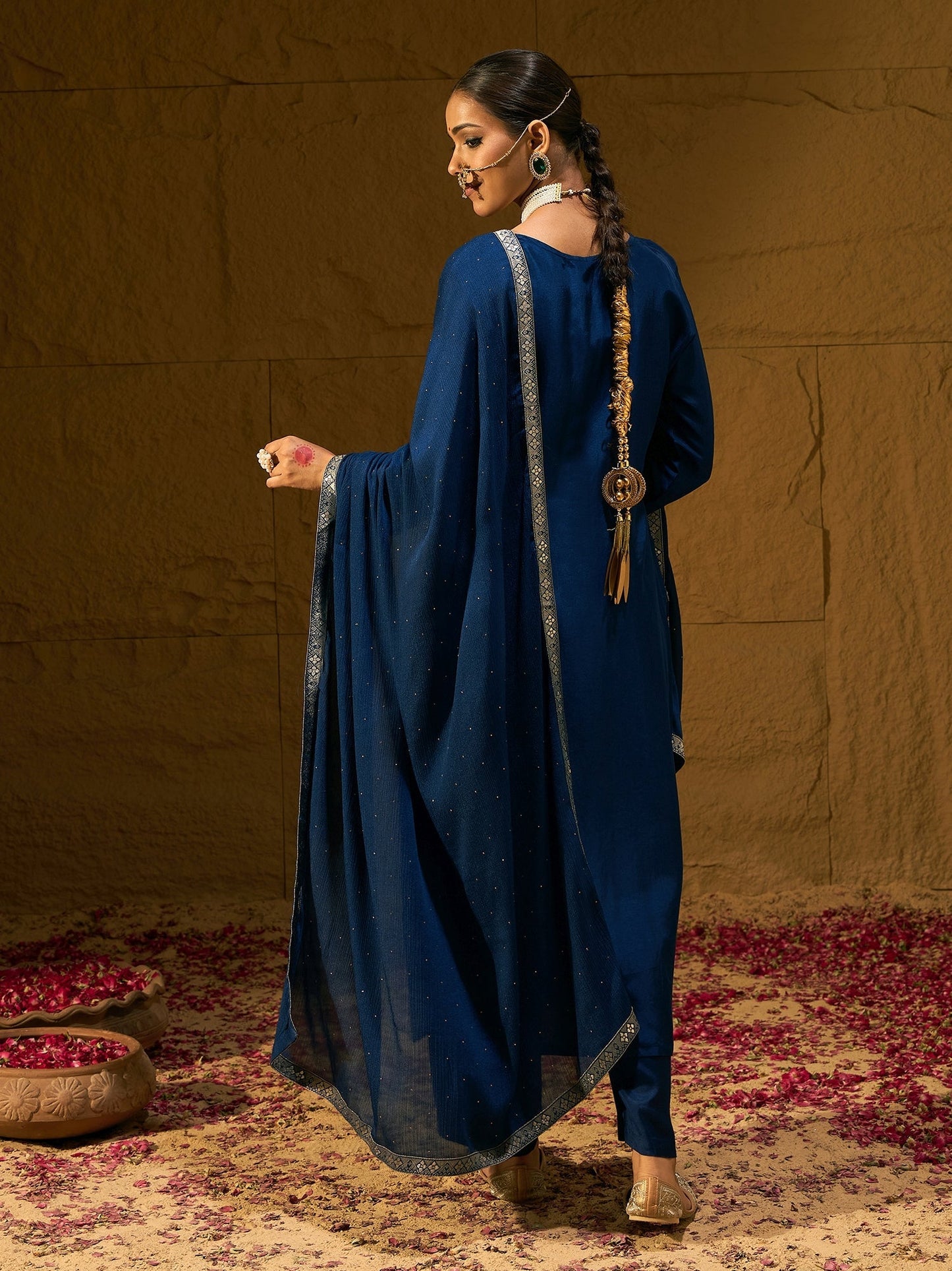 Indo Era Blue Embroidered Straight Kurta Trousers With Dupatta set