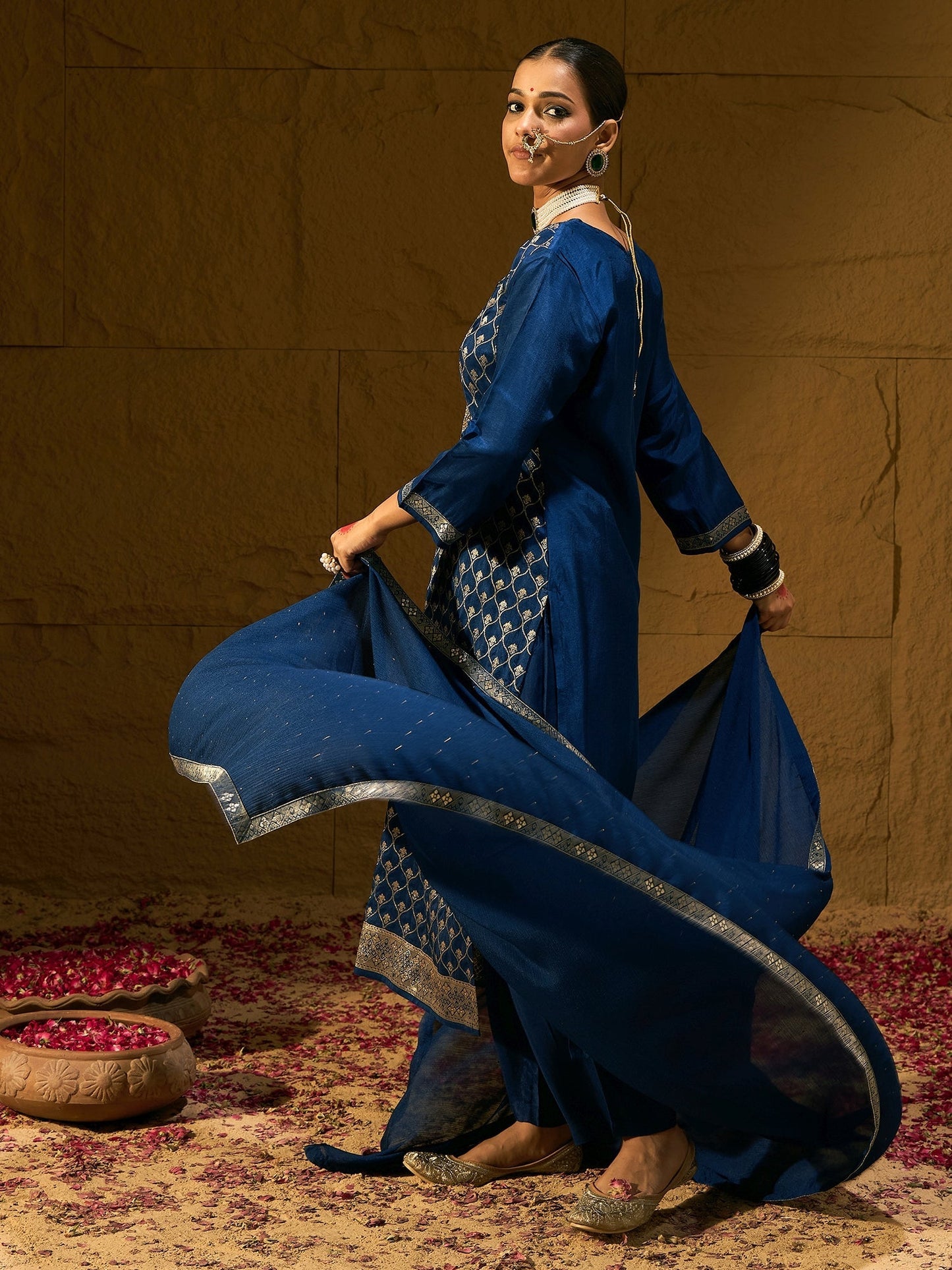 Indo Era Blue Embroidered Straight Kurta Trousers With Dupatta set