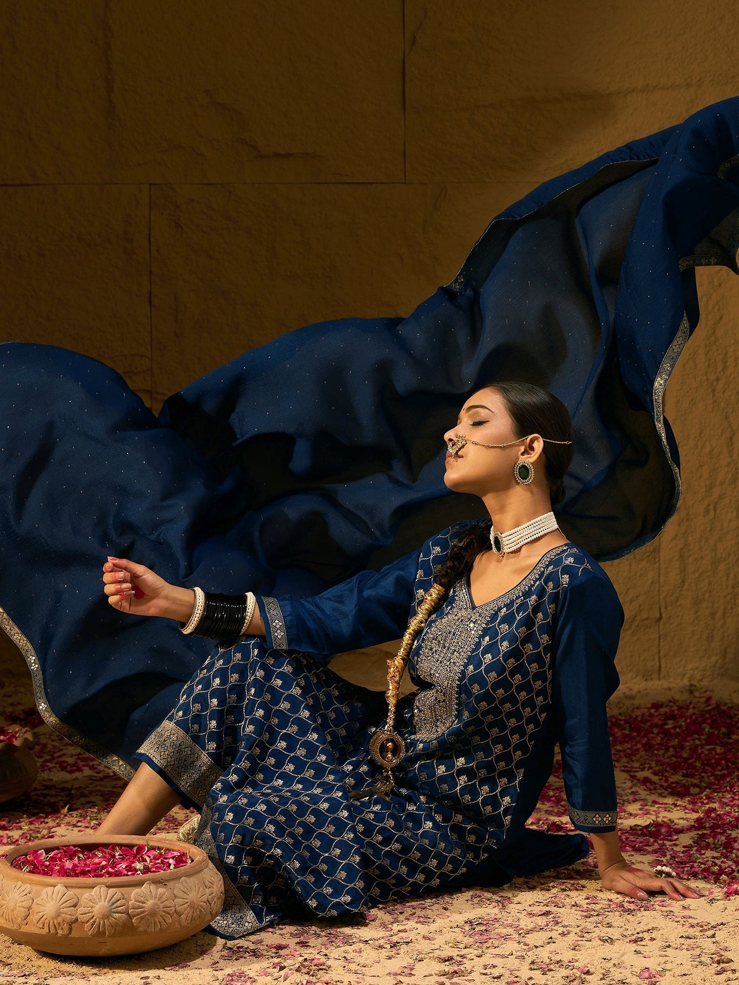 Indo Era Blue Embroidered Straight Kurta Trousers With Dupatta set